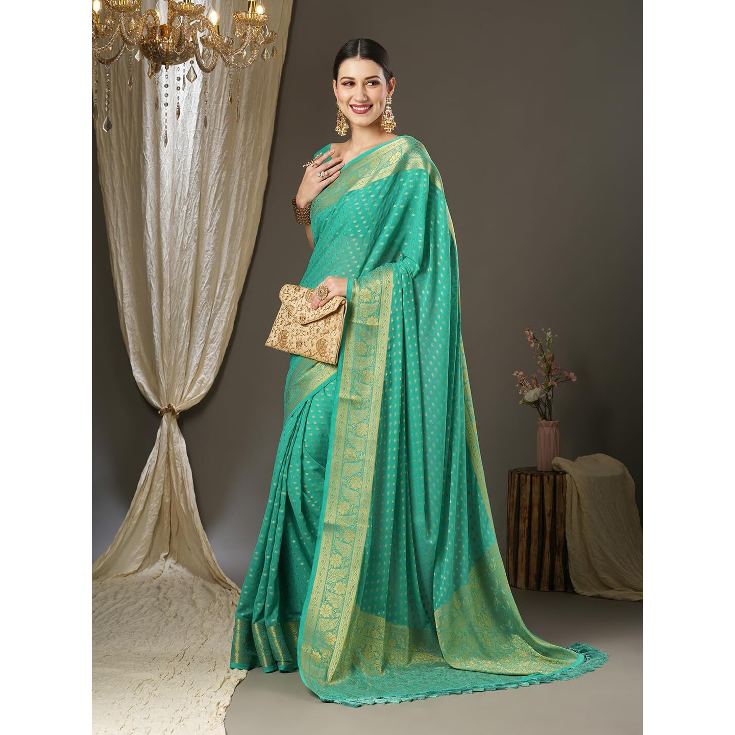 AKHILAM Womens Georgette Teal blue Woven Design Designer Saree With Blouse Piece (Teal blue_3ALEKHA3001)