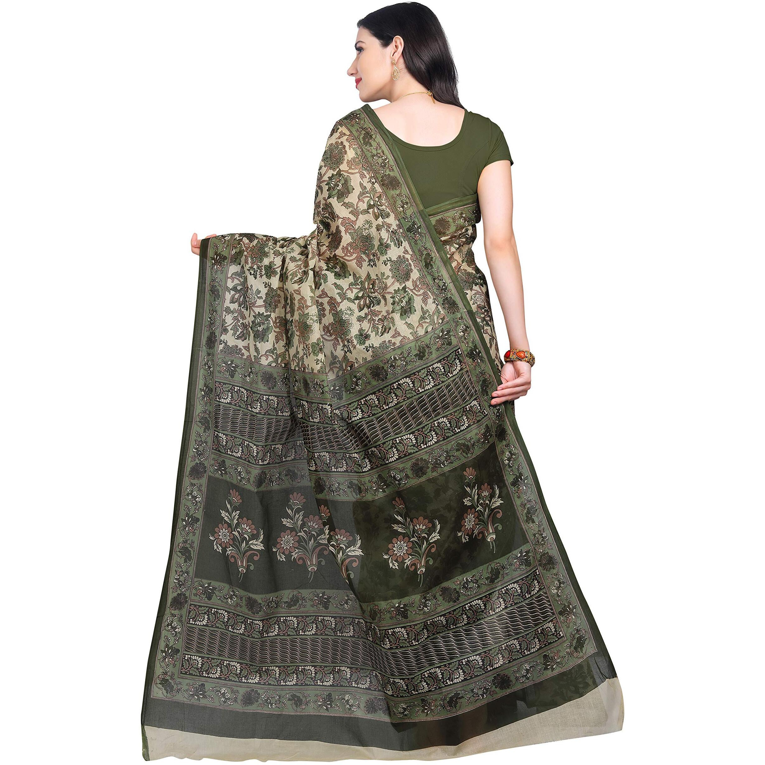 RANI SAAHIBA Womens Pure Cotton Printed Saree Without Blouse Piece (SKR6600_Beige-Green)