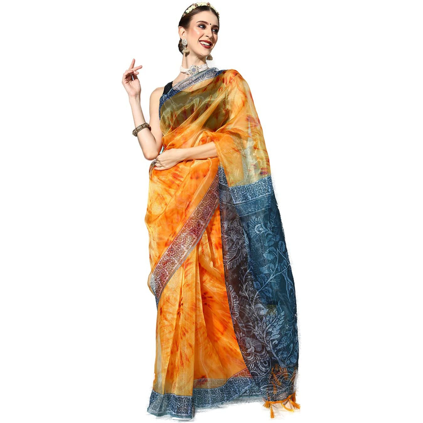 Blissta Womens Mustard Organza Printed Saree With Unstitched Blouse Piece