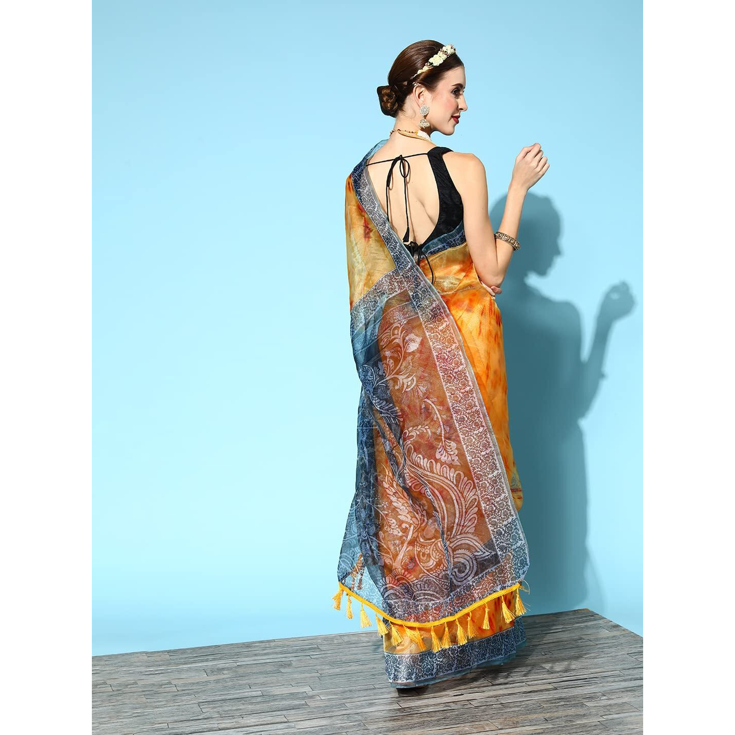 Blissta Womens Mustard Organza Printed Saree With Unstitched Blouse Piece