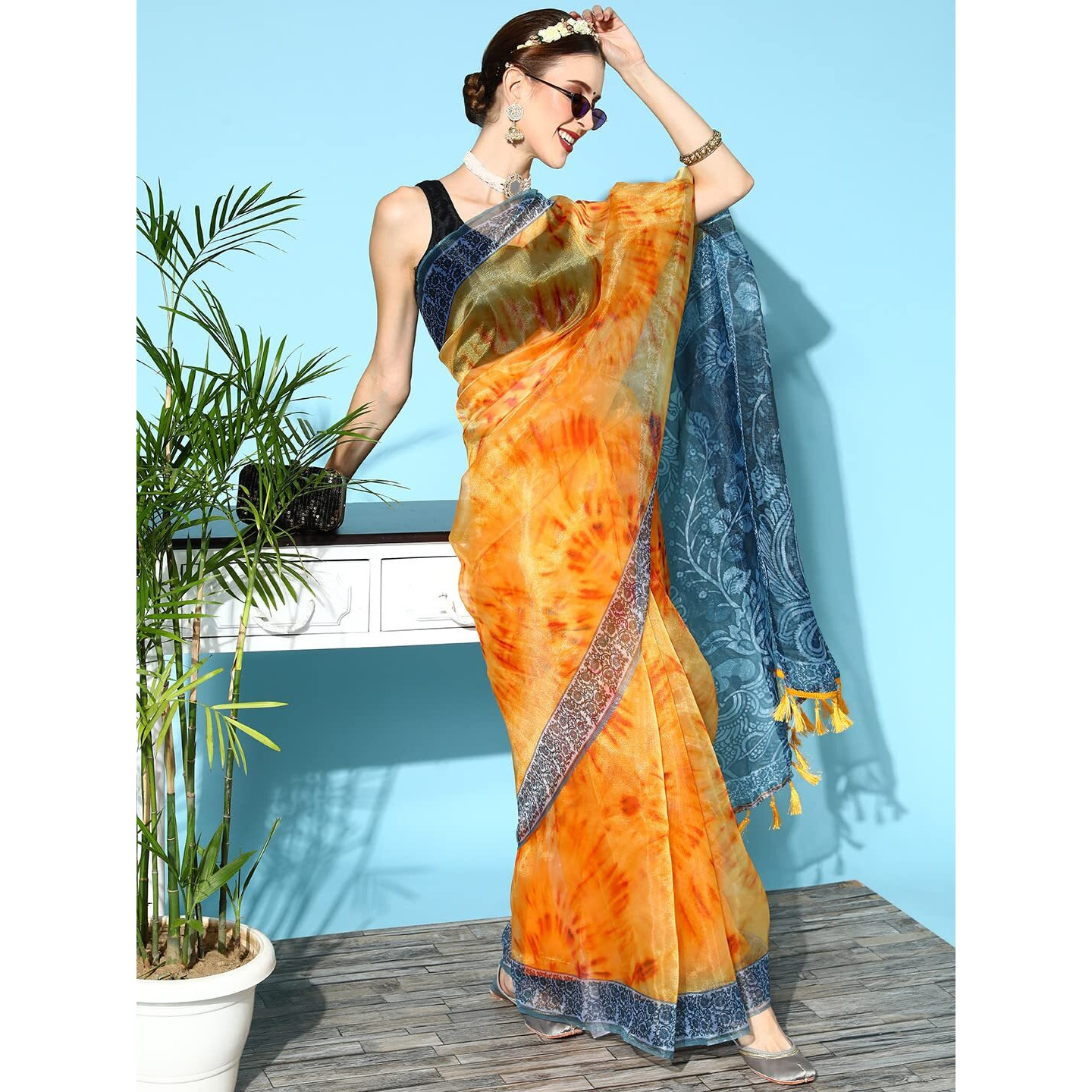 Blissta Womens Mustard Organza Printed Saree With Unstitched Blouse Piece