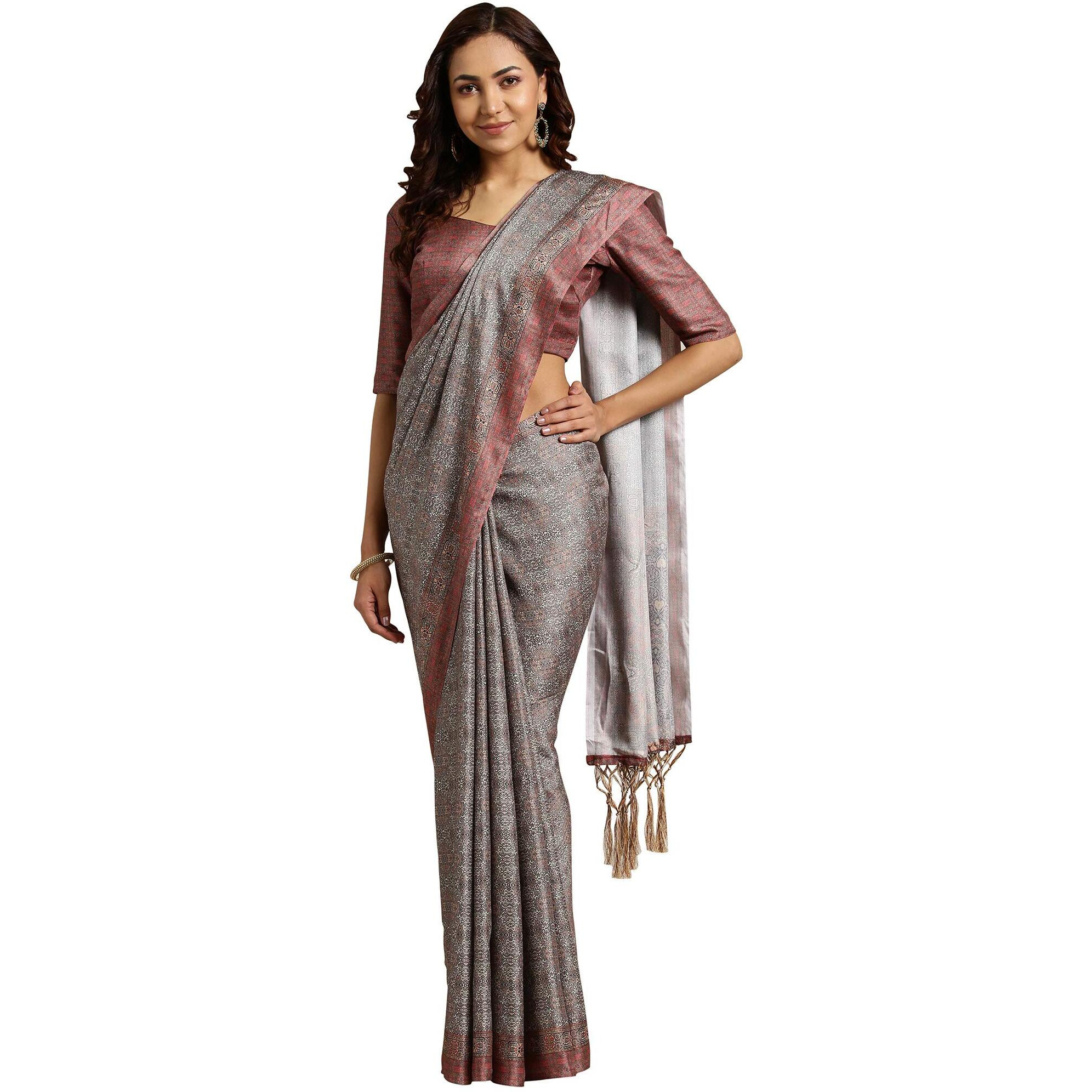 AKHILAM Womens Pashmina silk Saree with Unstitched Blouse Piece (Free size_Grey_3KSMRA20255)