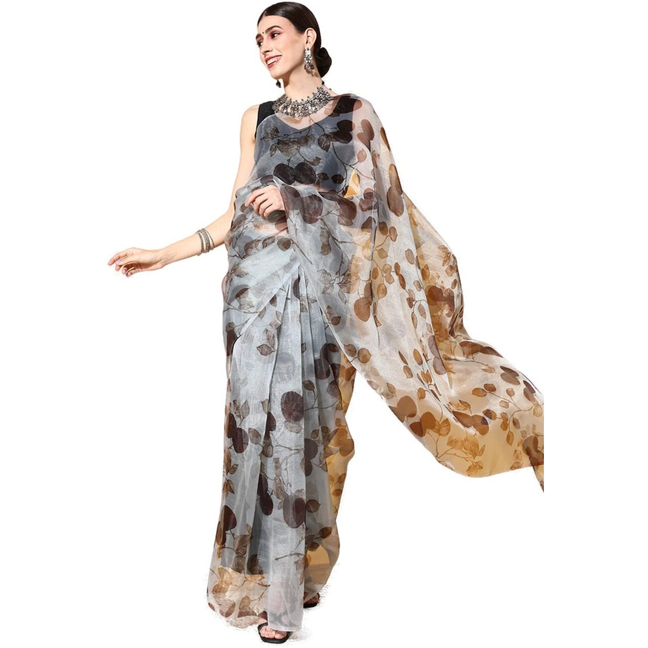 Blissta Womens Grey Organza Printed Saree With Unstitched Blouse Piece