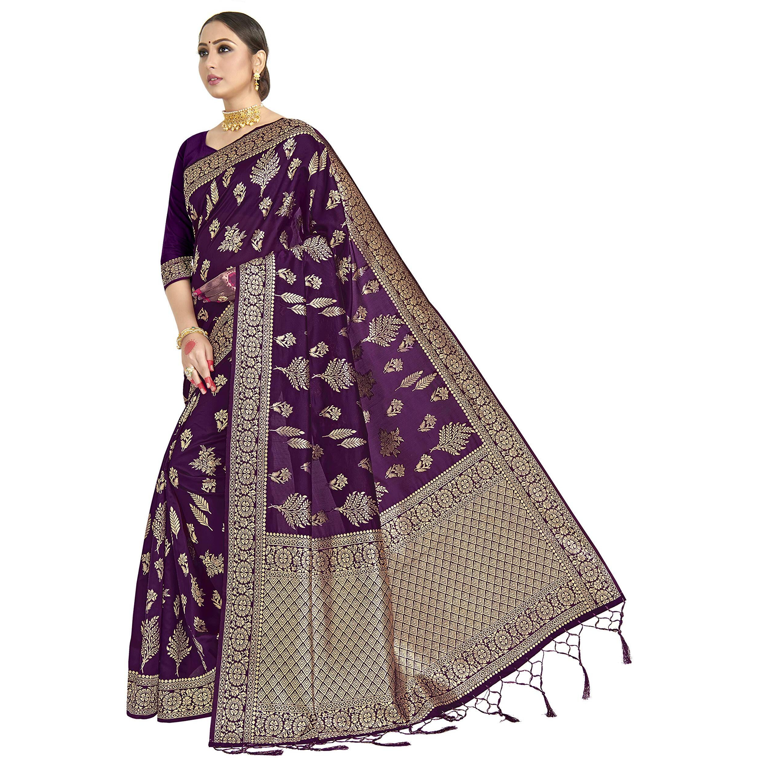 Vardha Womens Banarasi Art Silk Saree with Unstitched Blouse Piece - Zari Woven Work Sarees for Wedding (Paneri, 4, Purple)