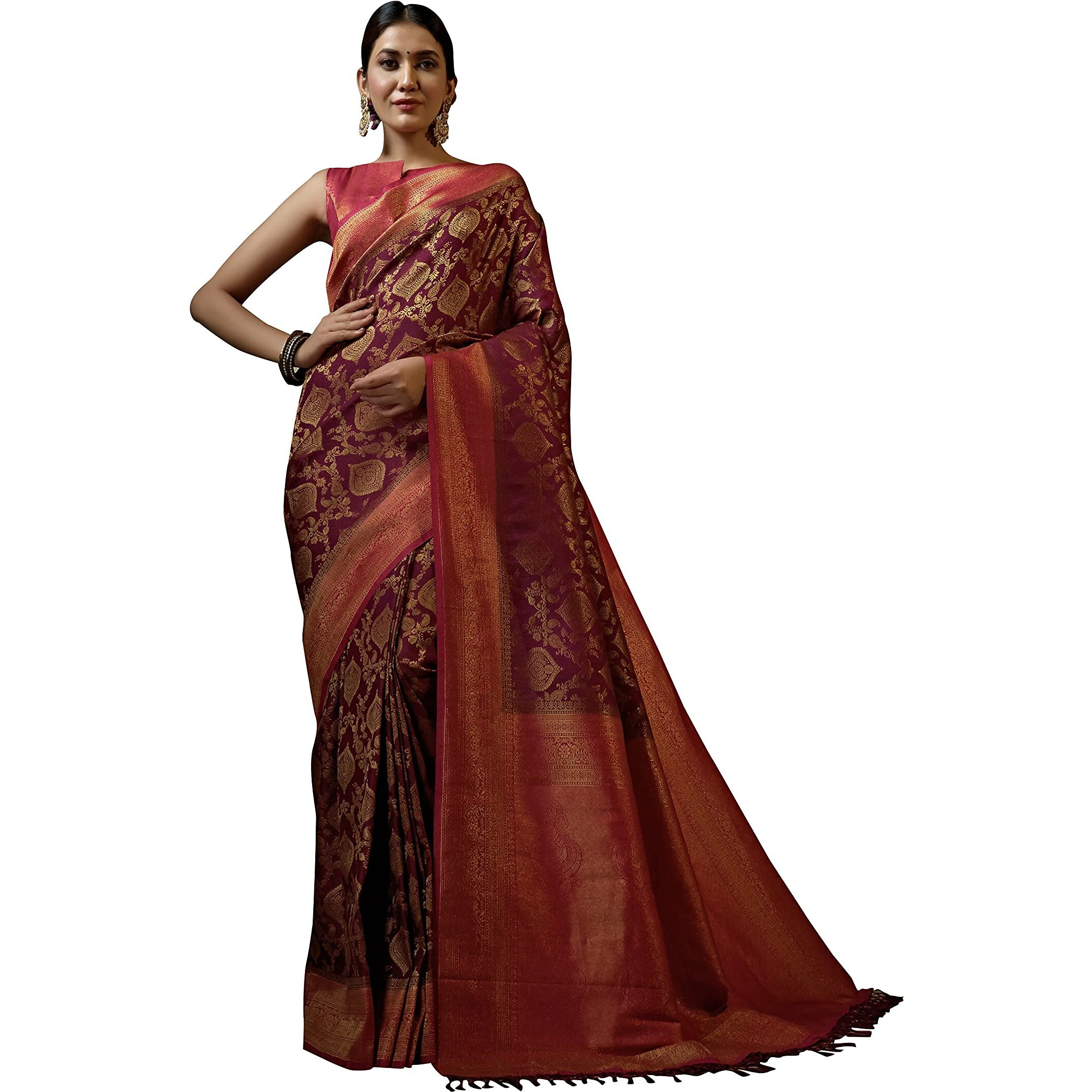 Vardha Womens Kanchipuram Art Silk Saree with Unstitched Blouse Piece - Zari Woven Work Sarees for Wedding (Anaya Silk, 417, Wine-Red)