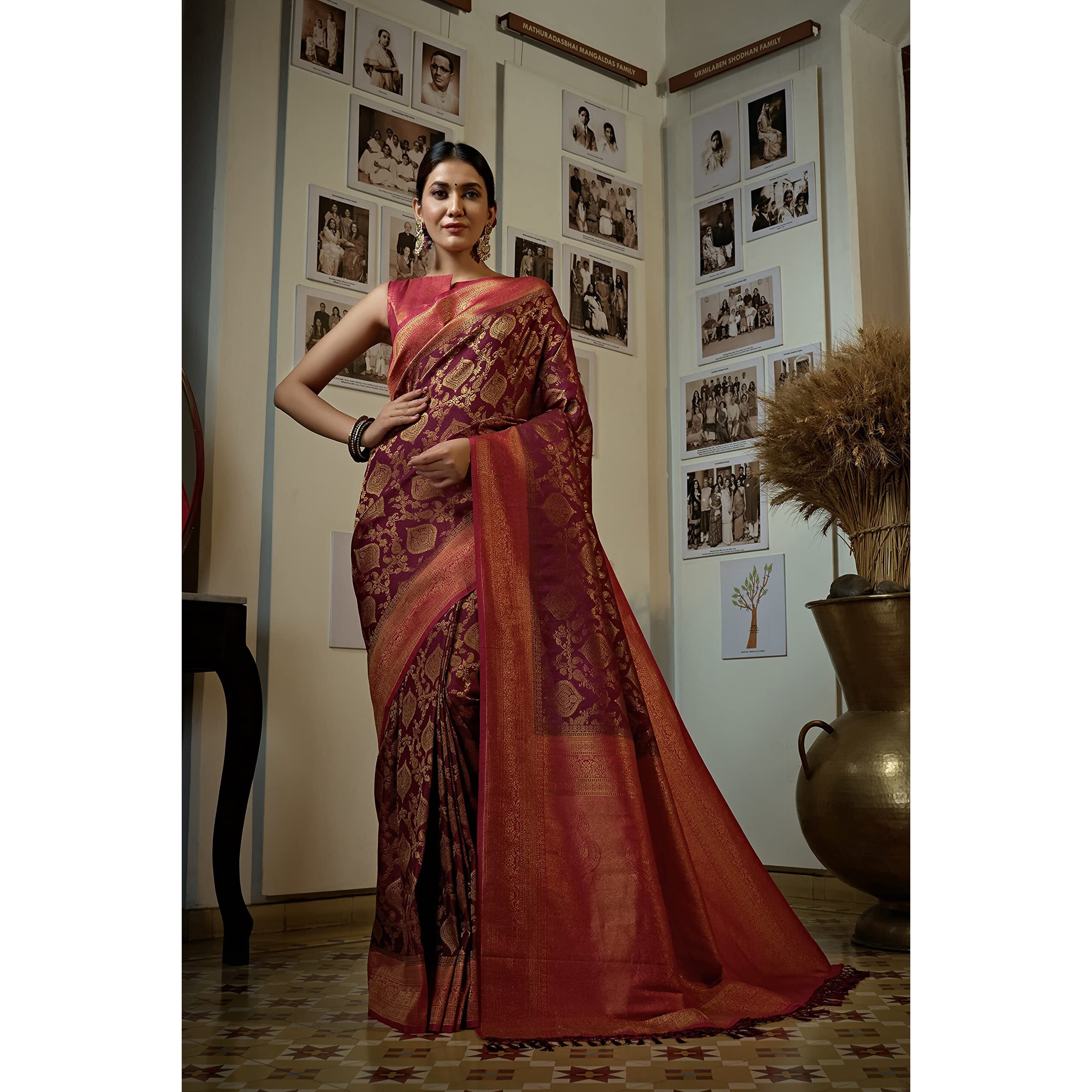 Vardha Womens Kanchipuram Art Silk Saree with Unstitched Blouse Piece - Zari Woven Work Sarees for Wedding (Anaya Silk, 417, Wine-Red)