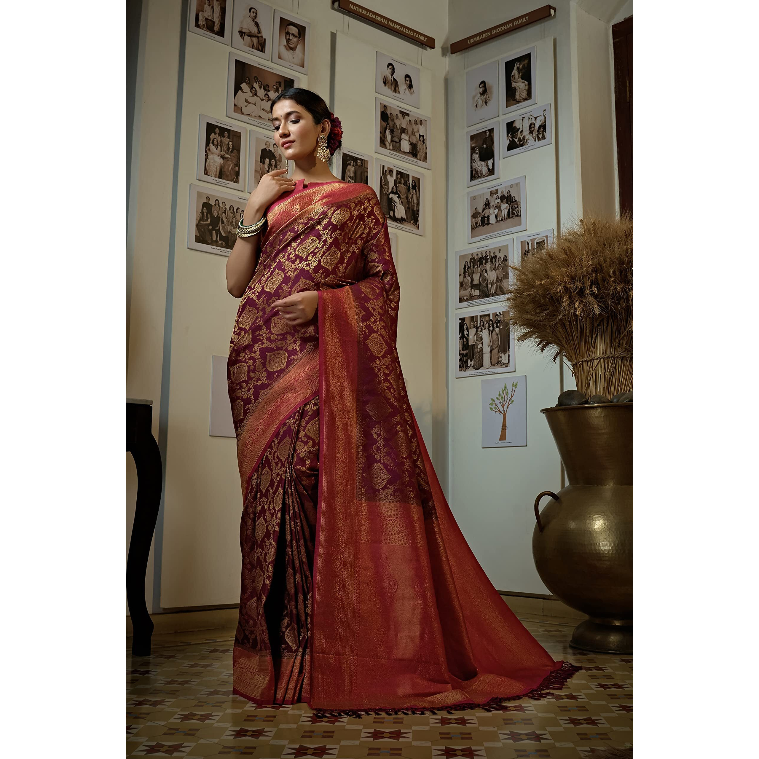 Vardha Womens Kanchipuram Art Silk Saree with Unstitched Blouse Piece - Zari Woven Work Sarees for Wedding (Anaya Silk, 417, Wine-Red)