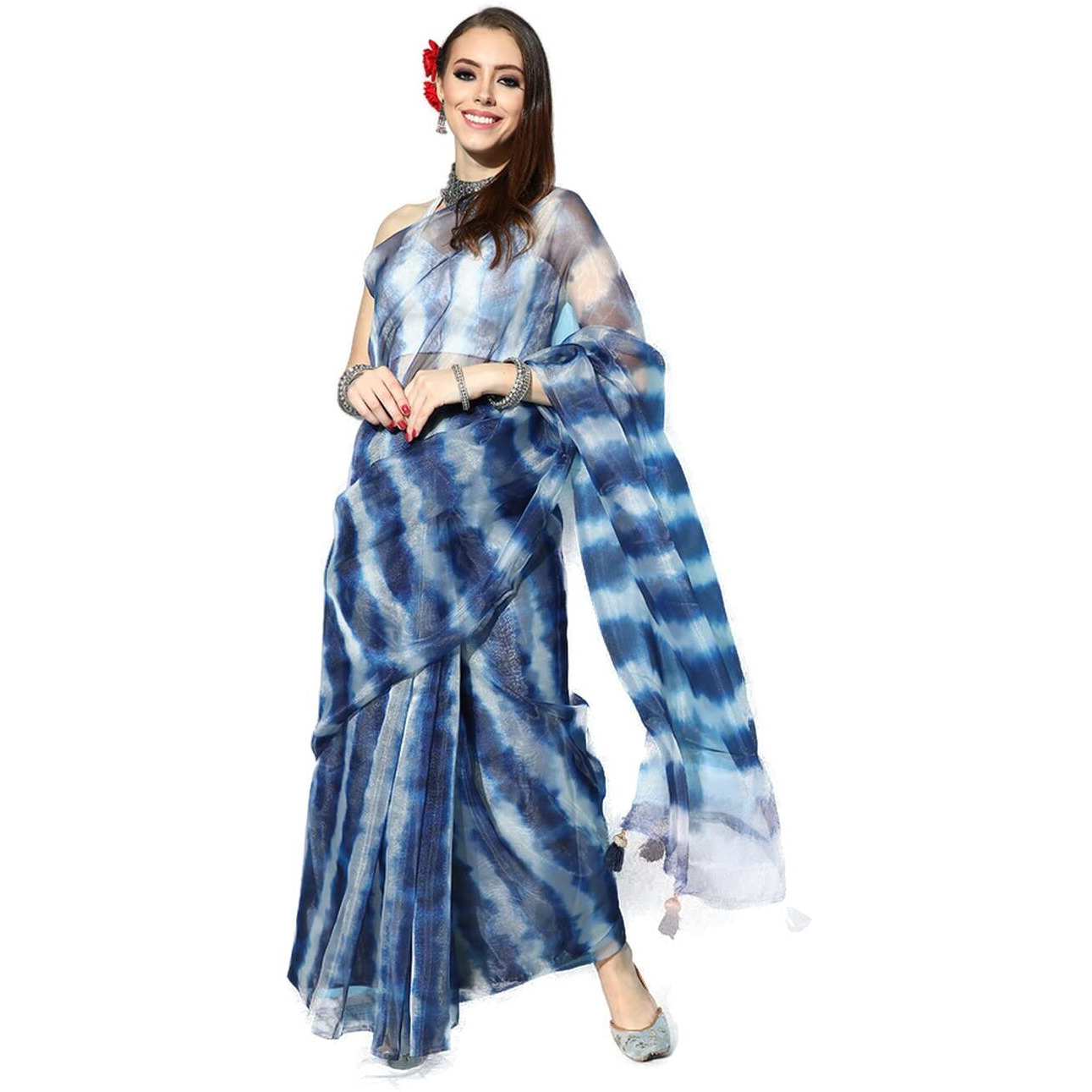 Blissta Womens Navy Blue Organza Printed Saree With Unstitched Blouse Piece