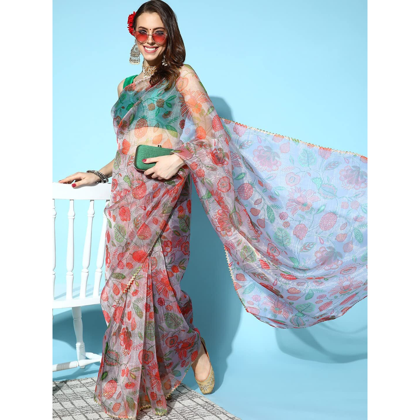 Blissta Womens Sea Green Organza Printed Saree With Unstitched Blouse Piece