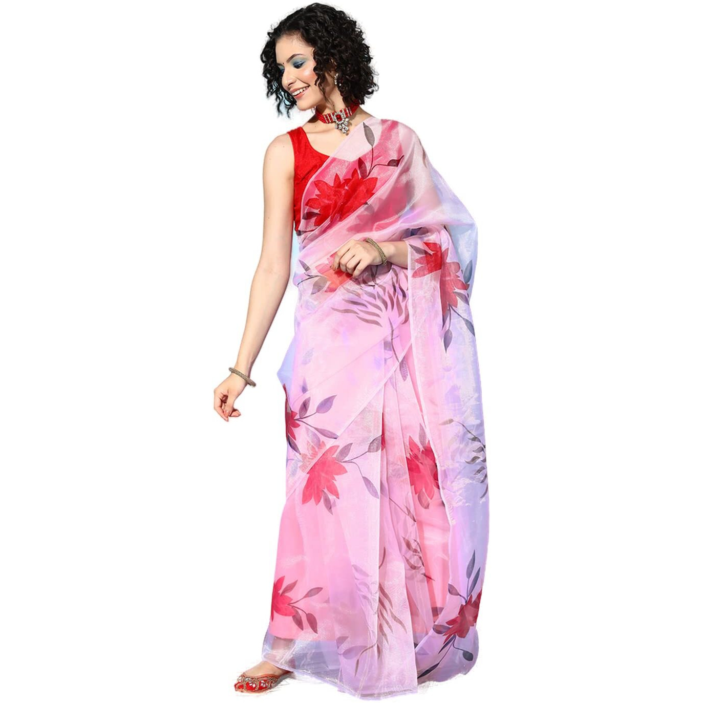 Blissta Womens Baby Pink Organza Printed Saree With Unstitched Blouse Piece