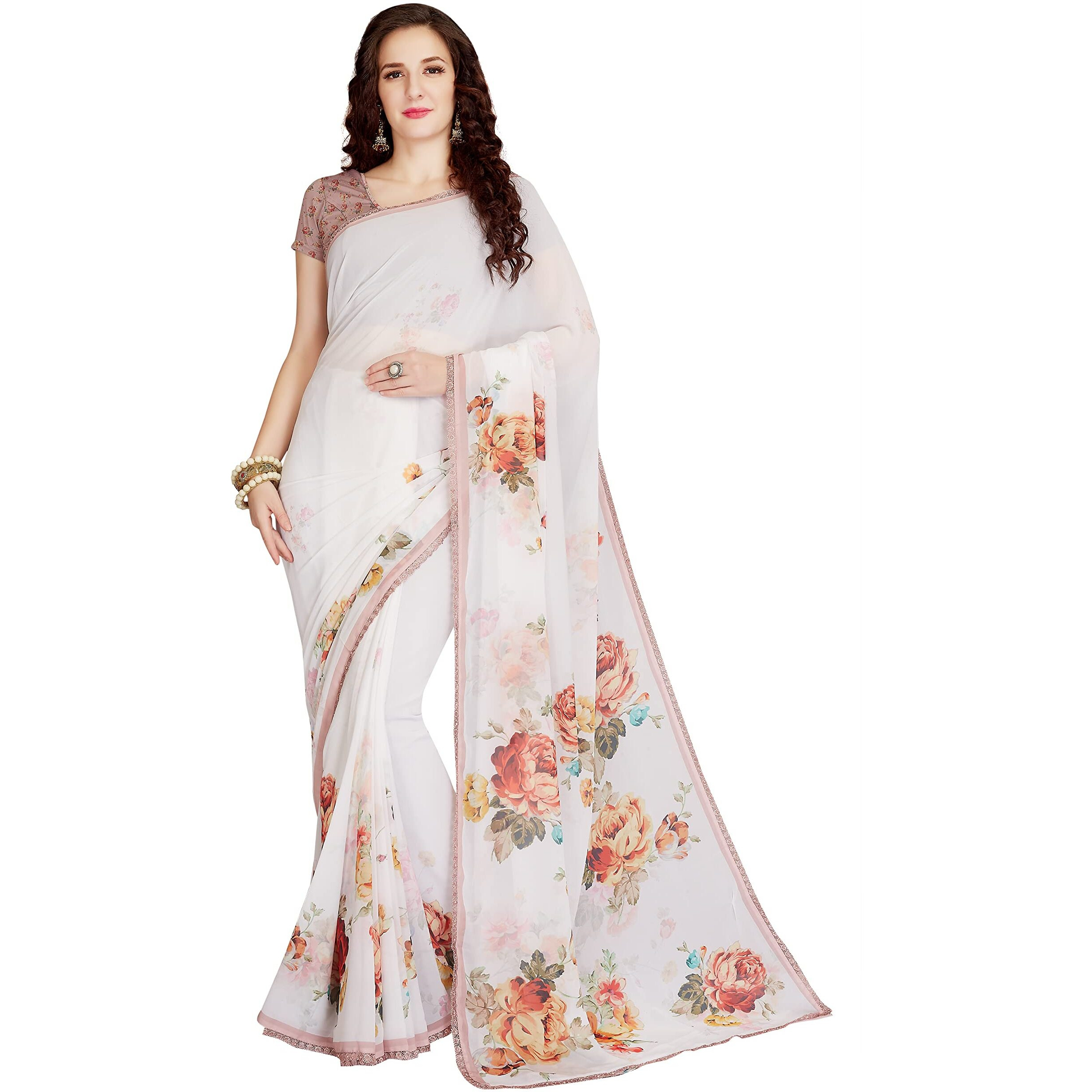 RANI SAAHIBA Womens Georgette Floral Printed Saree with Blouse Piece (SKR9149_White_3)