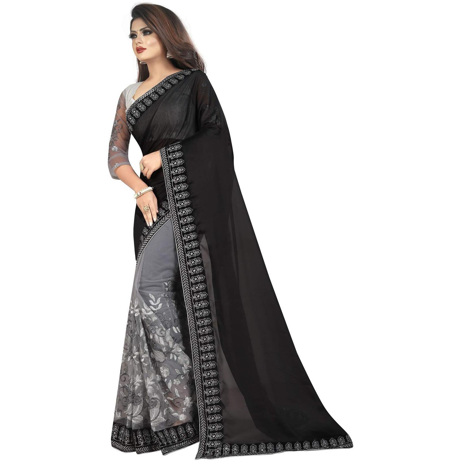 B BELLA CREATION Woven art silk Brock_Womens Georgette & Net Saree with Brocket Blouse Piece (Multi)