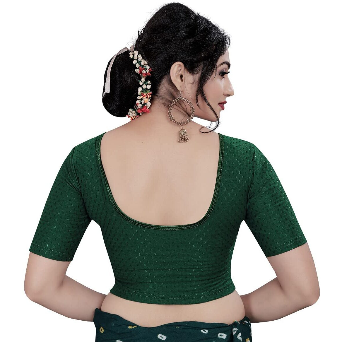 Sidhidata Round Neck Dobby Cotton Lycra Stretchable Elbow Sleeve Readymade Saree Blouse for Women Stylish (Free Size) (C Bottle Green, Free Size-38-42)