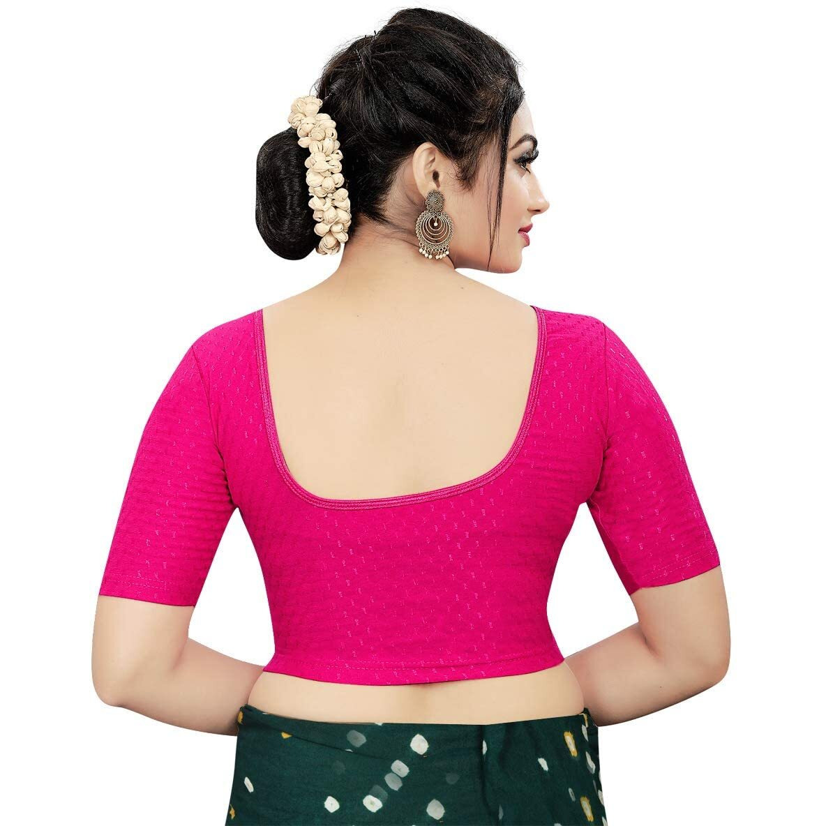 Sidhidata Round Neck Dobby Cotton Lycra Stretchable Elbow Sleeve Readymade Saree Blouse for Women Stylish (Free Size-28-36, Rani)