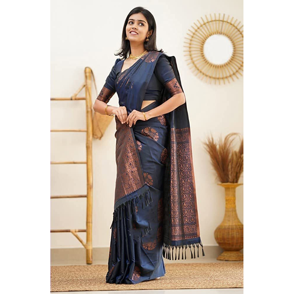 Sidhidata Textile Womens Banarasi Silk Saree with Blouse Perfect for Every Occasion (Fizzaa_Free Size) (Navy Blue)