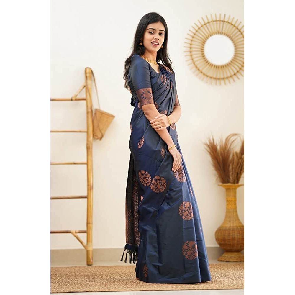 Sidhidata Textile Womens Banarasi Silk Saree with Blouse Perfect for Every Occasion (Fizzaa_Free Size) (Navy Blue)