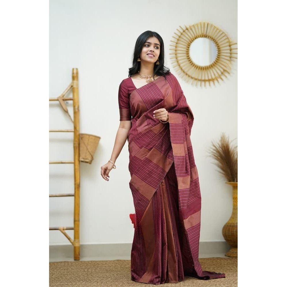 Sidhidata Textile Womens Banarasi Soft Silk Saree With Unstitched Blouse Piece (Free Size) (C Maroon)