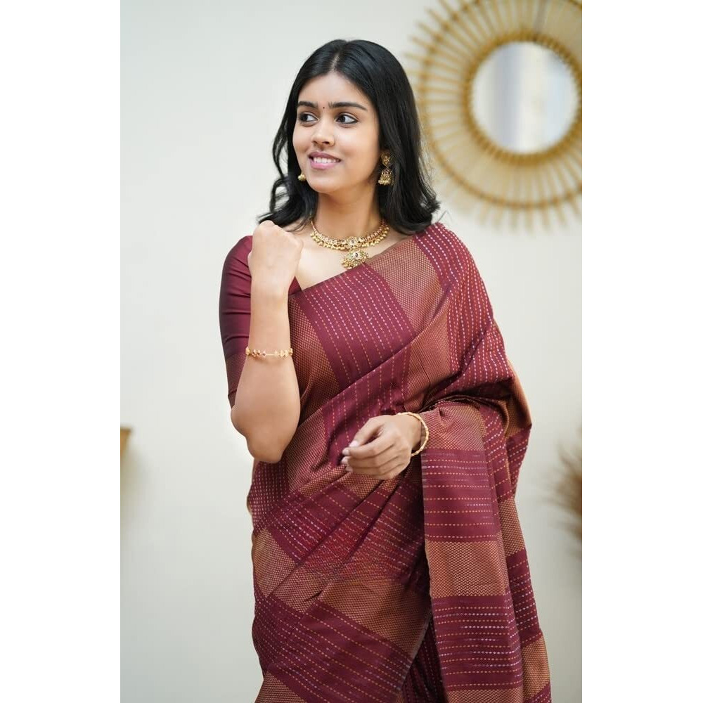 Sidhidata Textile Womens Banarasi Soft Silk Saree With Unstitched Blouse Piece (Free Size) (C Maroon)