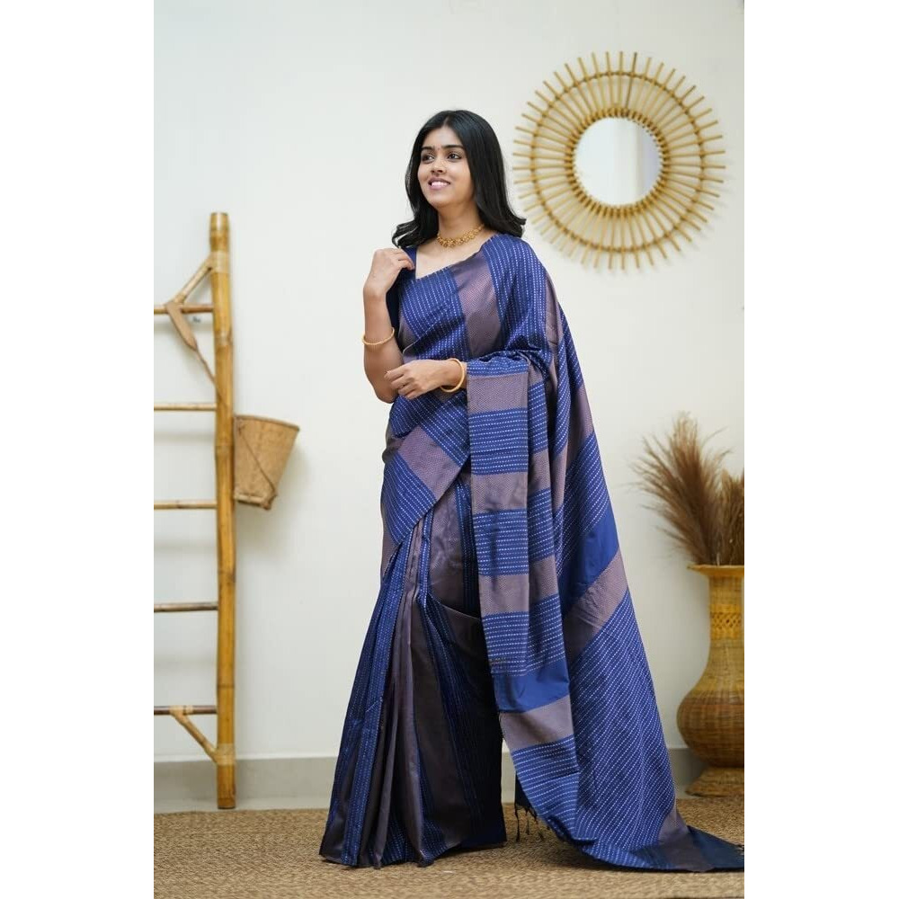 Sidhidata Textile Womens Banarasi Soft Silk Saree With Unstitched Blouse Piece (Free Size) (C Navy Blue)