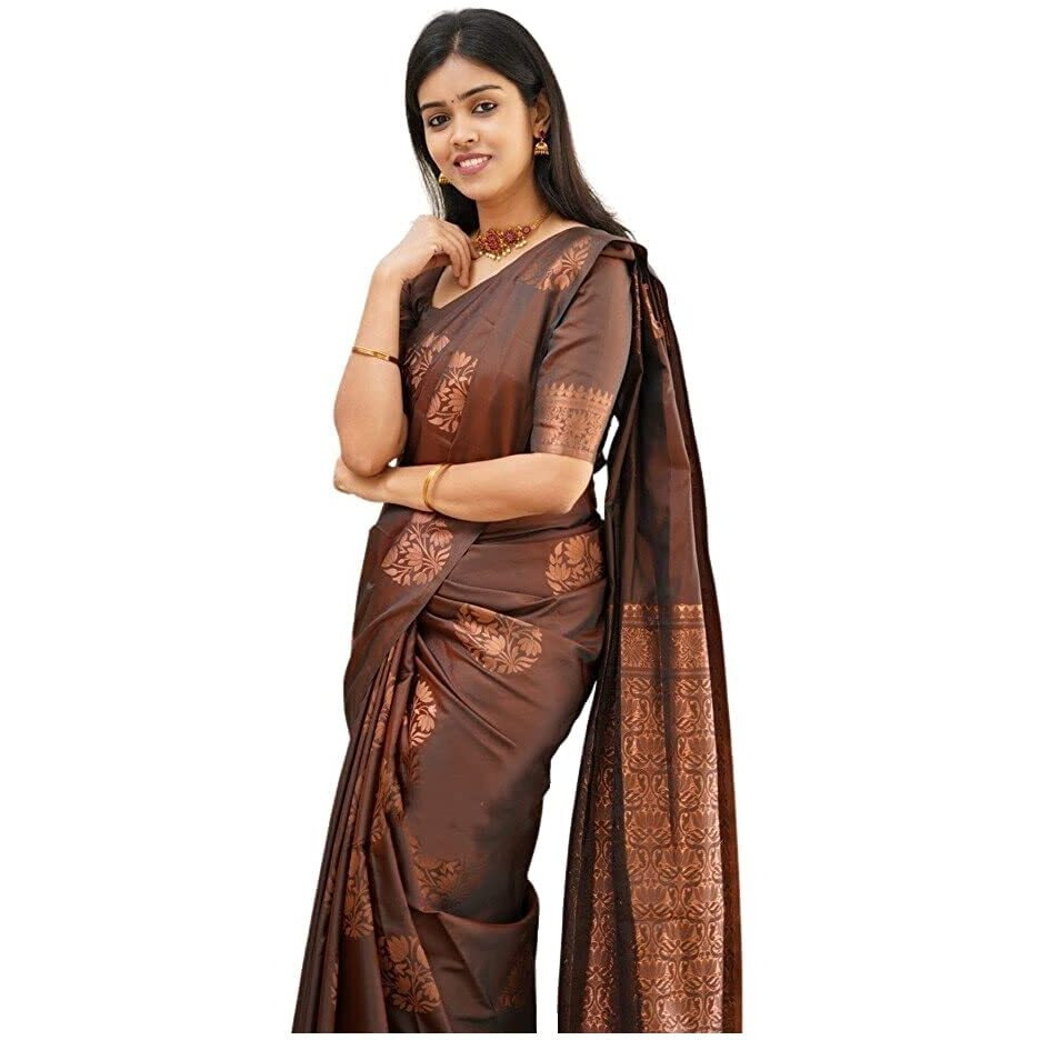 Sidhidata Textile Womens Banarasi Silk Saree with Blouse Perfect for Every Occasion (Fizzaa_Free Size) (Brown)