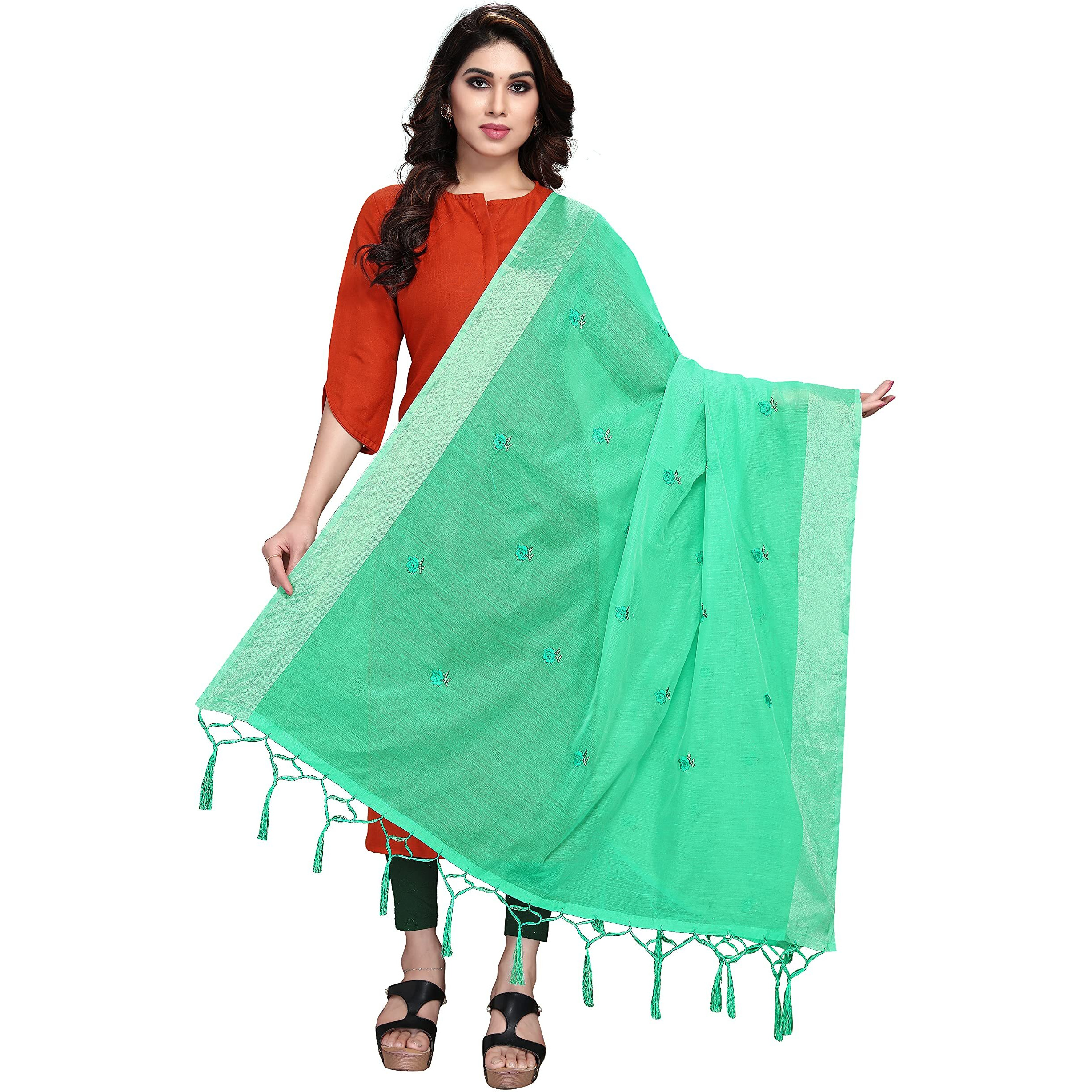 Sidhidata Textile Womens Embroidered Cotton Silk Dupatta With Tassels (Dupatta Rose Seagreen_Seagreen_2.20 Mtr)