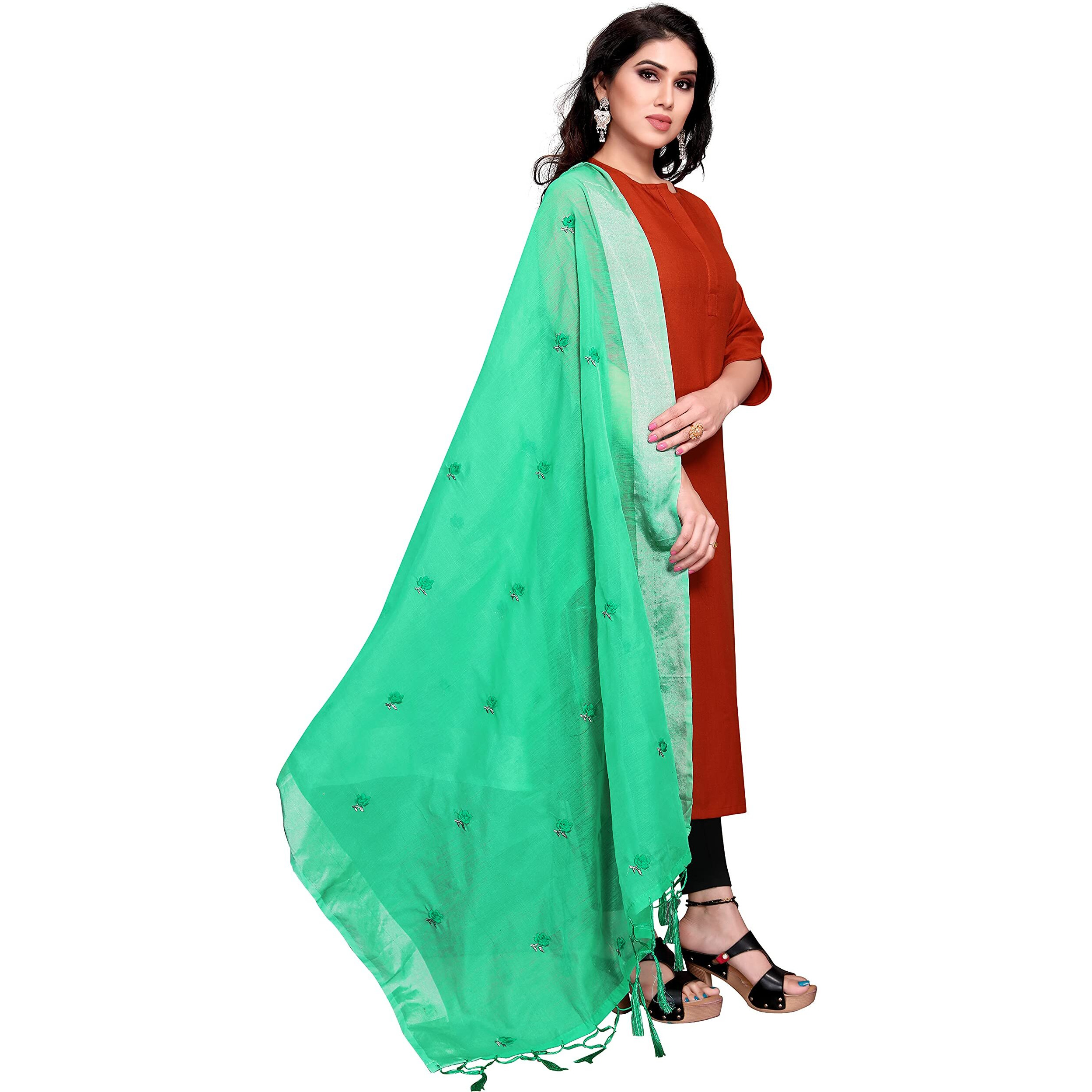 Sidhidata Textile Womens Embroidered Cotton Silk Dupatta With Tassels (Dupatta Rose Seagreen_Seagreen_2.20 Mtr)