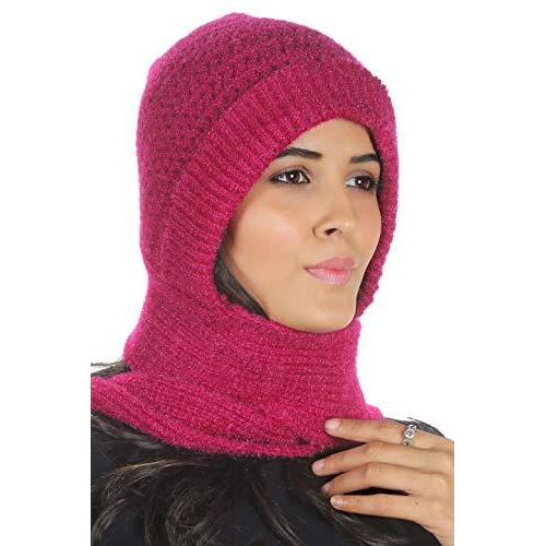 Sidhidata Textile Mens and Womens Unisex Wool Knitted Cap Muffler for Winter Wear Free Size (Muffler Cap) (Rani)