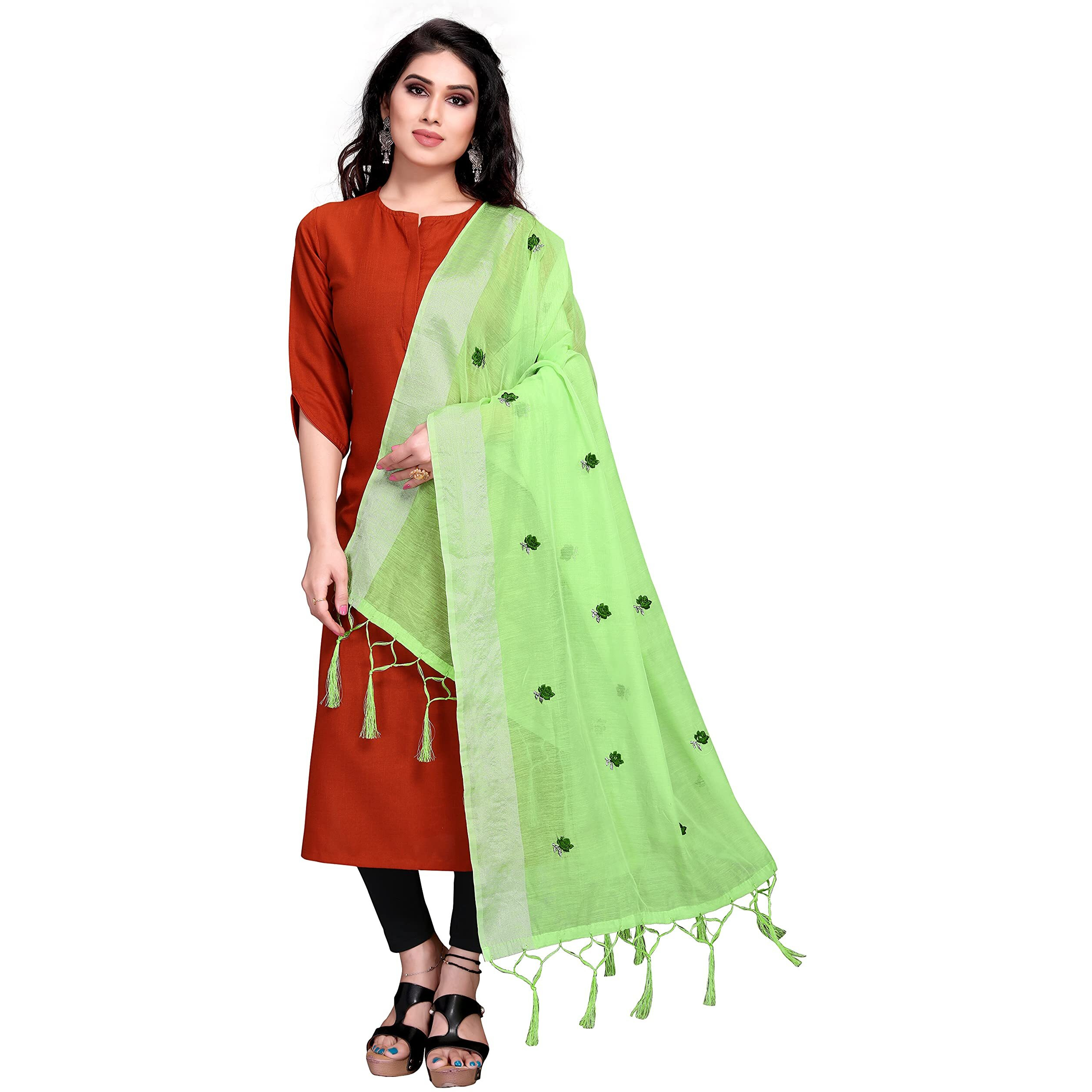 Sidhidata Textile Womens Embroidered Cotton Silk Dupatta With Tassels (Dupatta Rose Pista_Pista_2.20 Mtr)