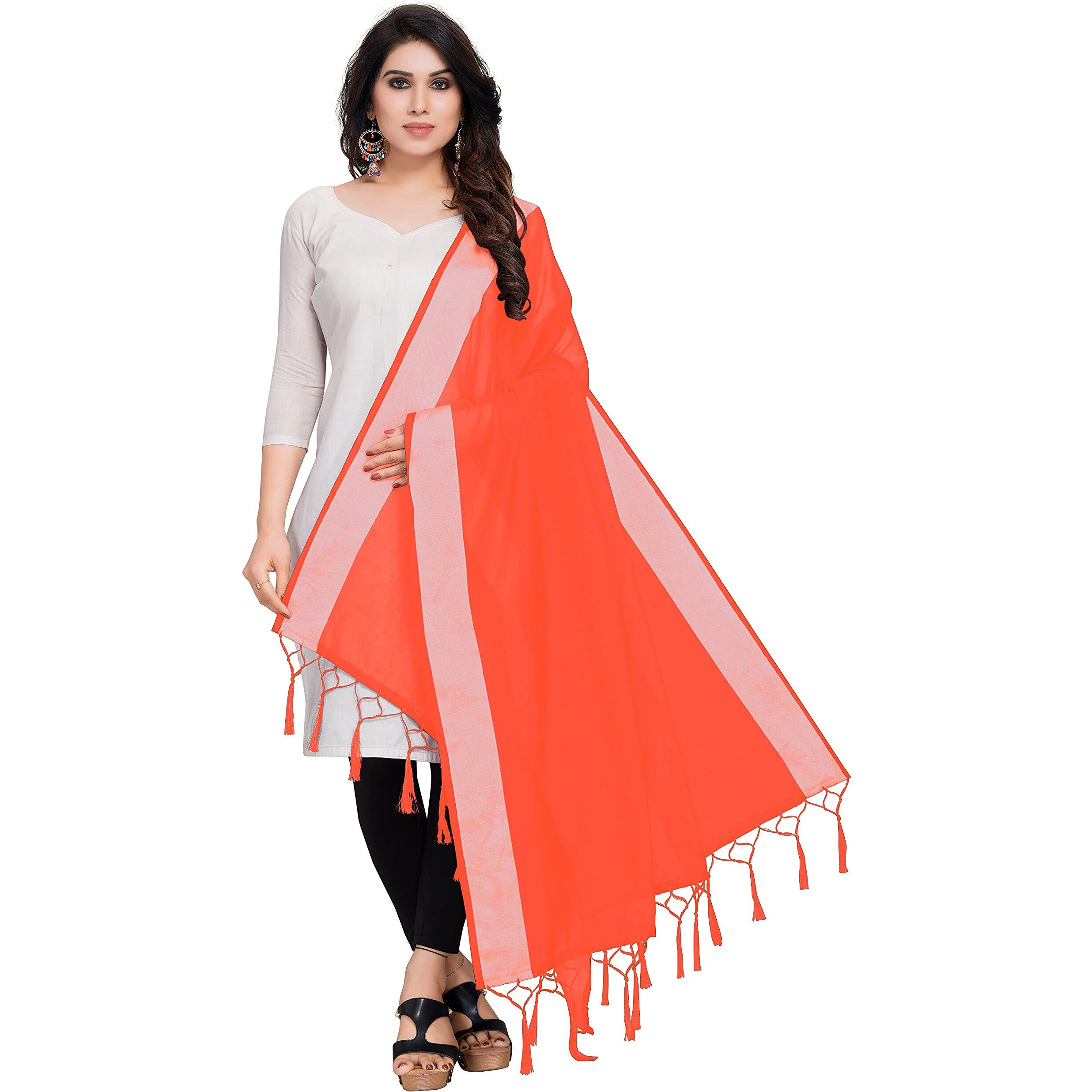 Sidhidata Textile Womens Solid Cotton Silk Dupatta With Tassels (Dup Radhe Orange_Orange_2.20 Mtr)