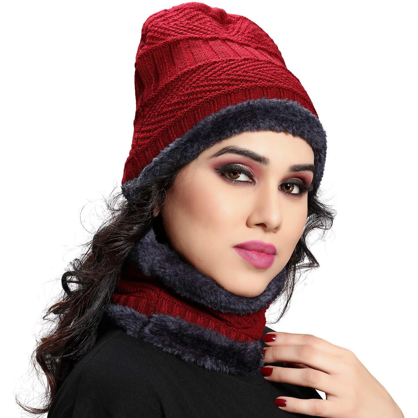 Sidhidata Textile Womens Fashion Winter wear Neck & Hat Warm Beanies Soft Fur Inside Knitted Hats and Cap combo (Free Size_Red)