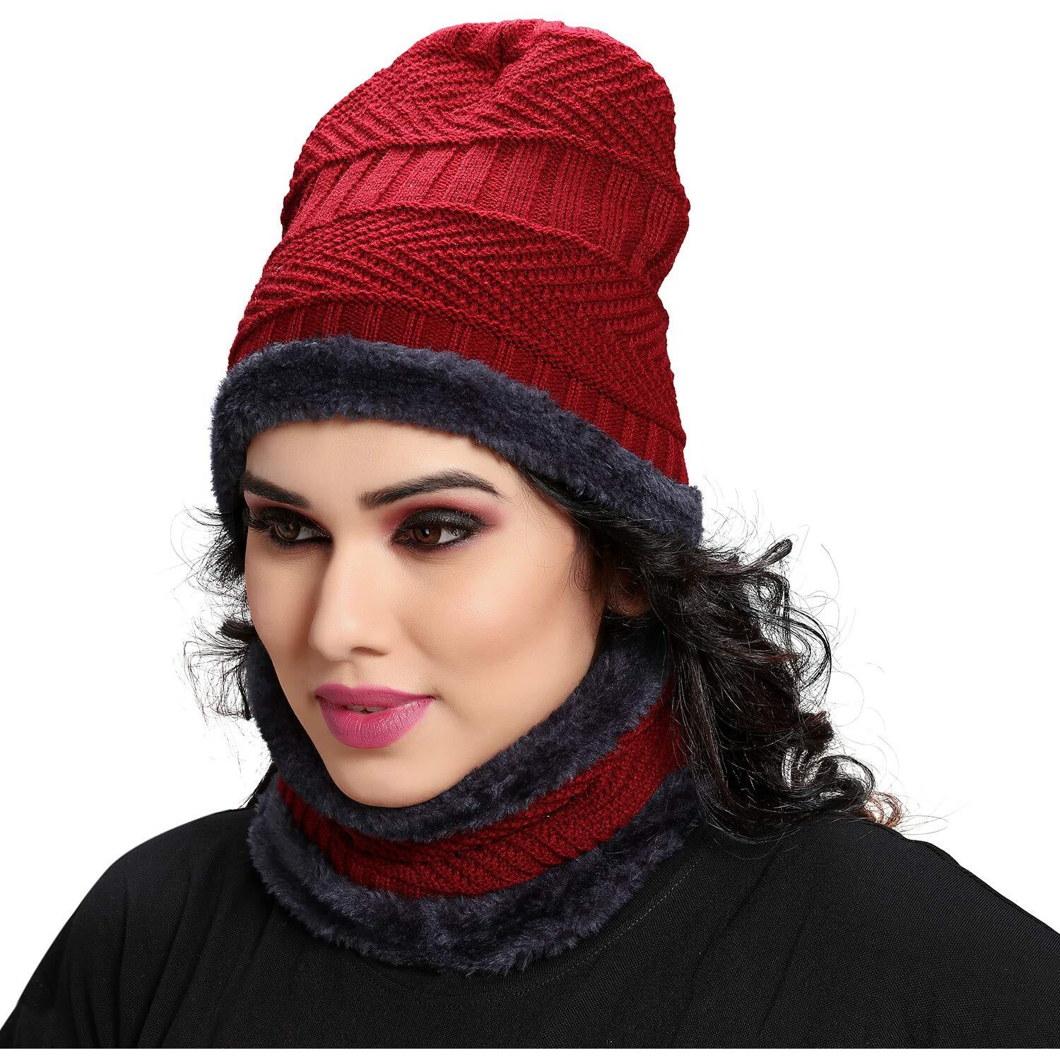 Sidhidata Textile Womens Fashion Winter wear Neck & Hat Warm Beanies Soft Fur Inside Knitted Hats and Cap combo (Free Size_Red)