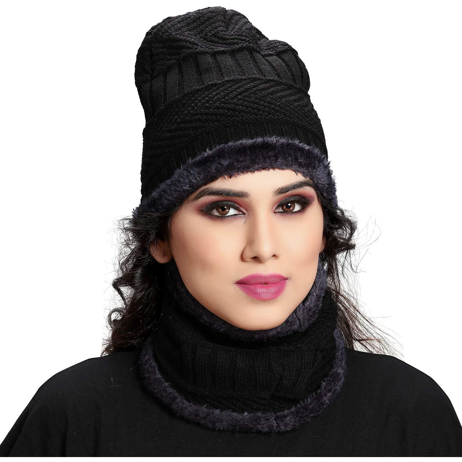 Sidhidata Textile Womens Fashion Winter wear Neck & Hat Warm Beanies Soft Fur Inside Knitted Hats and Cap combo (Free Size_Black)