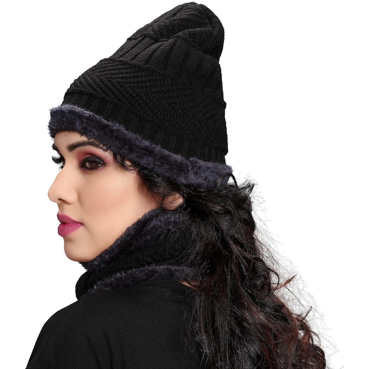 Sidhidata Textile Womens Fashion Winter wear Neck & Hat Warm Beanies Soft Fur Inside Knitted Hats and Cap combo (Free Size_Black)