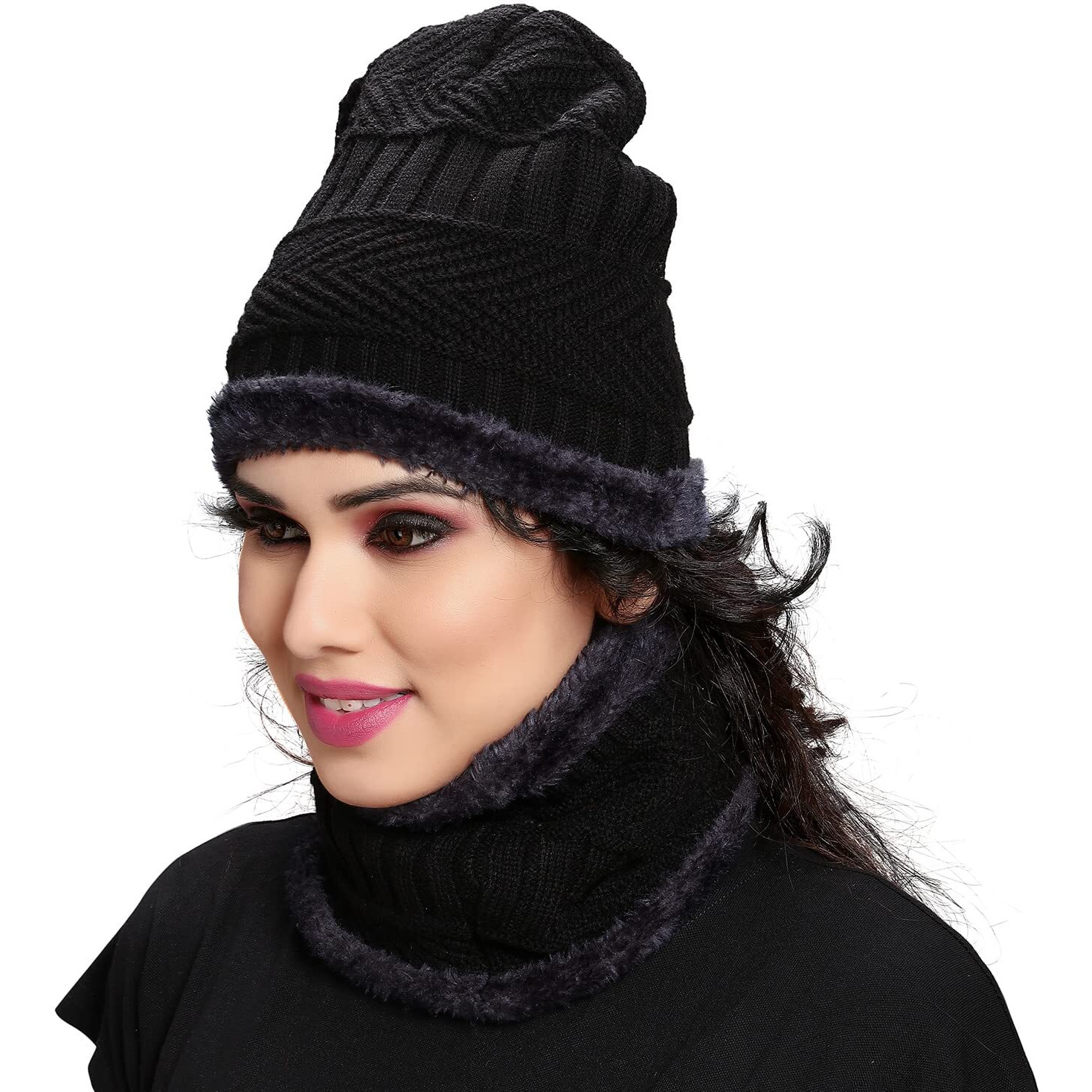 Sidhidata Textile Womens Fashion Winter wear Neck & Hat Warm Beanies Soft Fur Inside Knitted Hats and Cap combo (Free Size_Black)