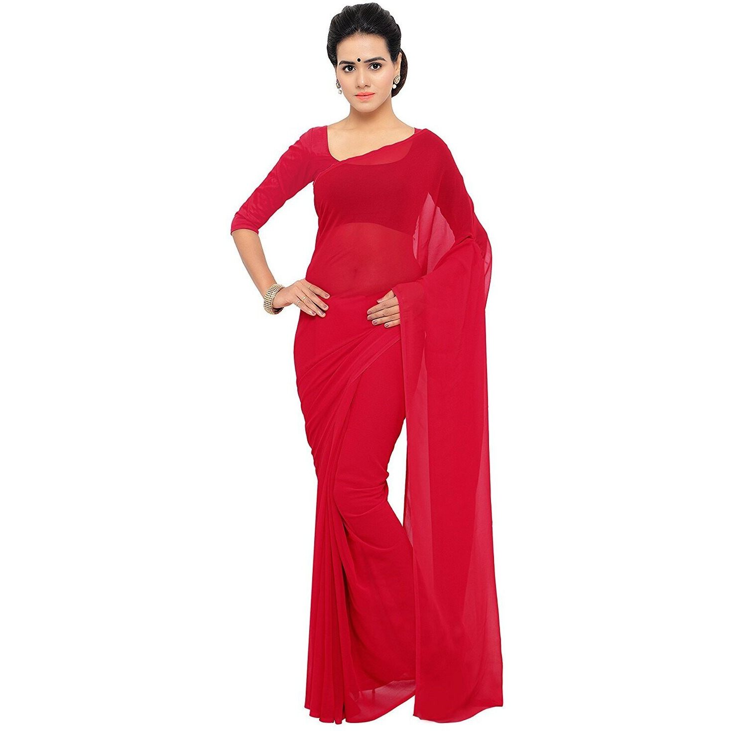 Sidhidata Textile Combo of 2 Womens plain Solid pure Georgette Saree With Unstitched Blouse Piece (Pack of Two) (Combo plain red-black_Red & black_Free Size)