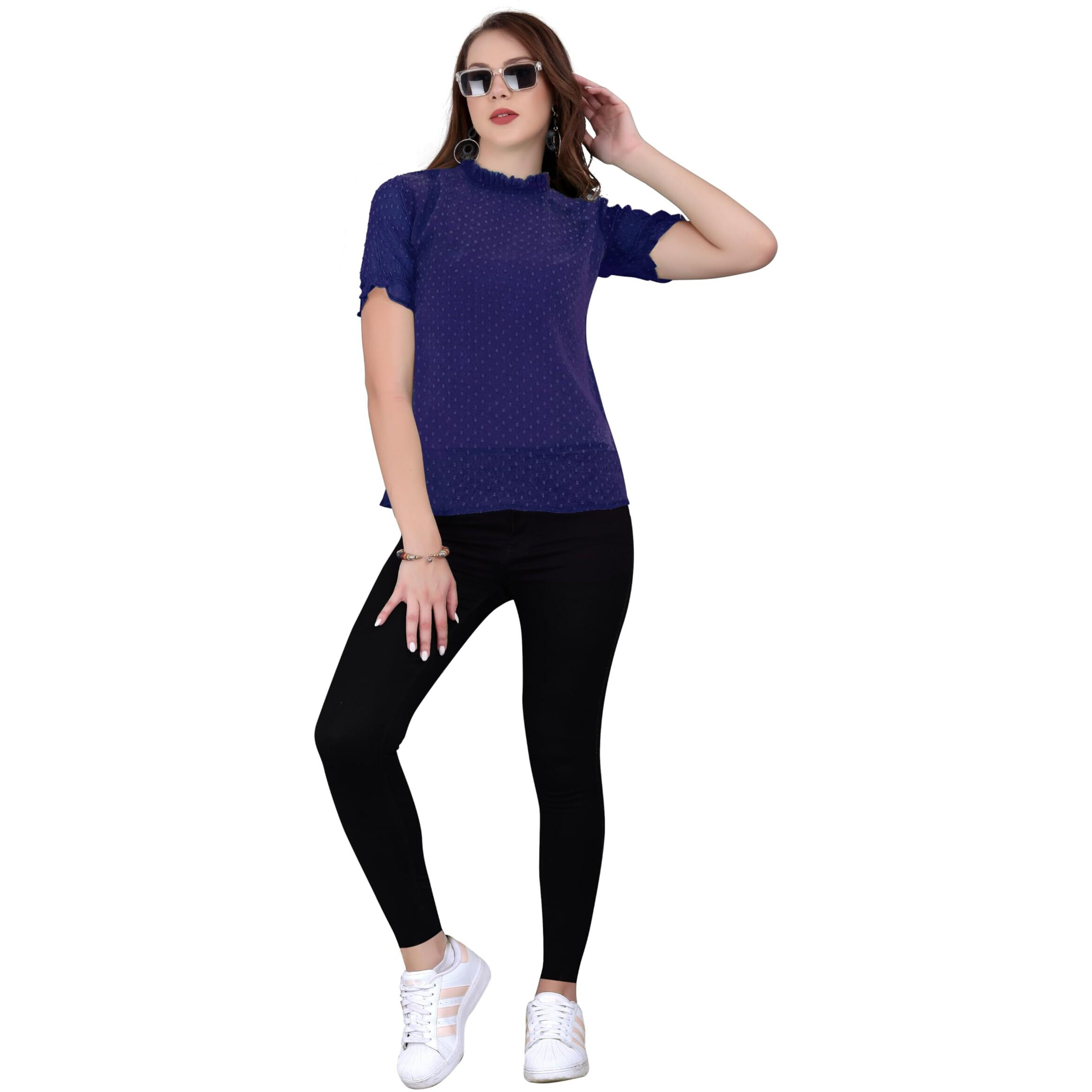 Sidhidata Tissue Fabric Premium Casual Top for Womens & Girls (Top Butty Navy Blue_L_Navy Blue_Large)