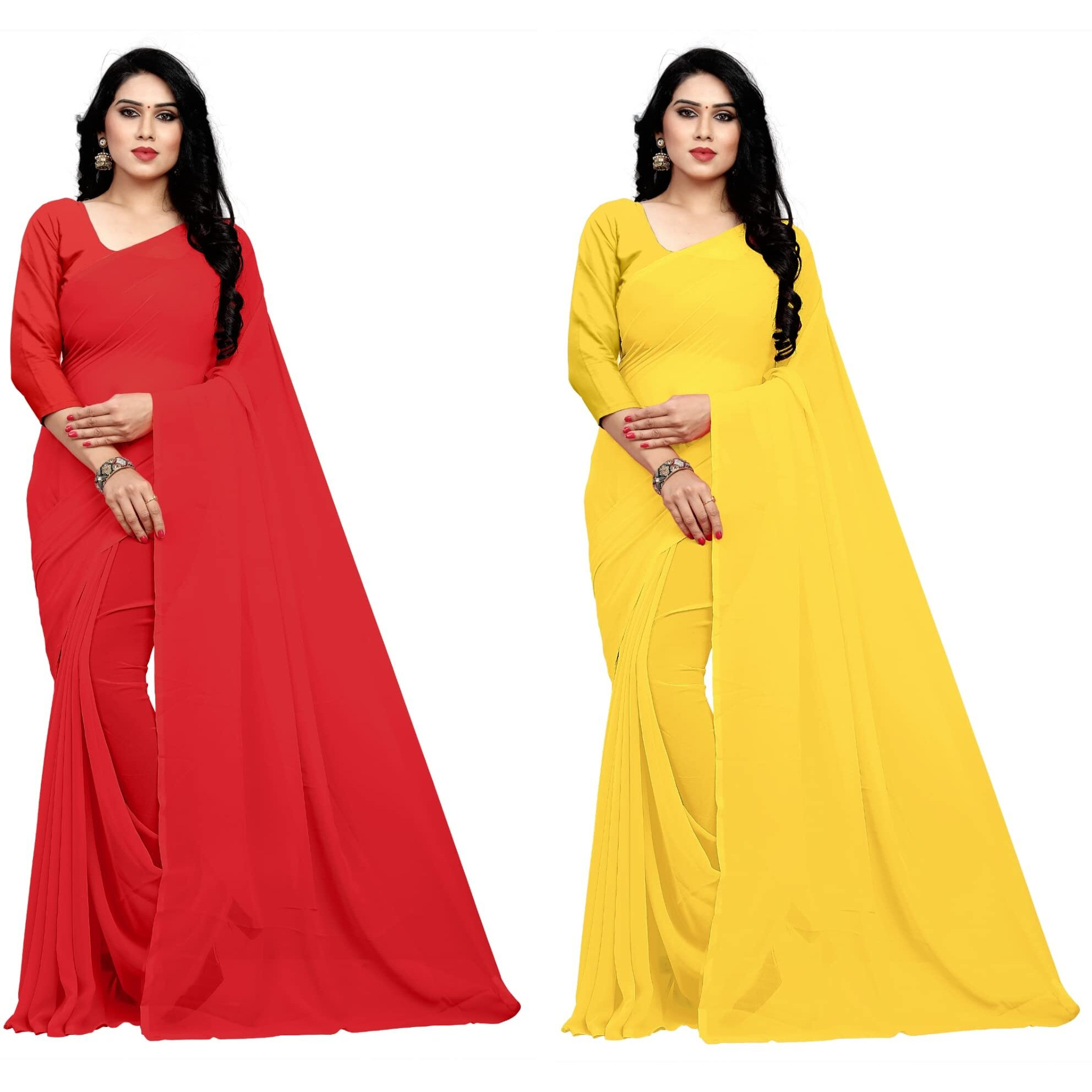 Sidhidata Textile Combo of 2 Womens plain Solid pure Georgette Saree With Unstitched Blouse Piece (Pack of Two) (Combo plain red-lemon yellow_Red & lemon yellow_Free Size)