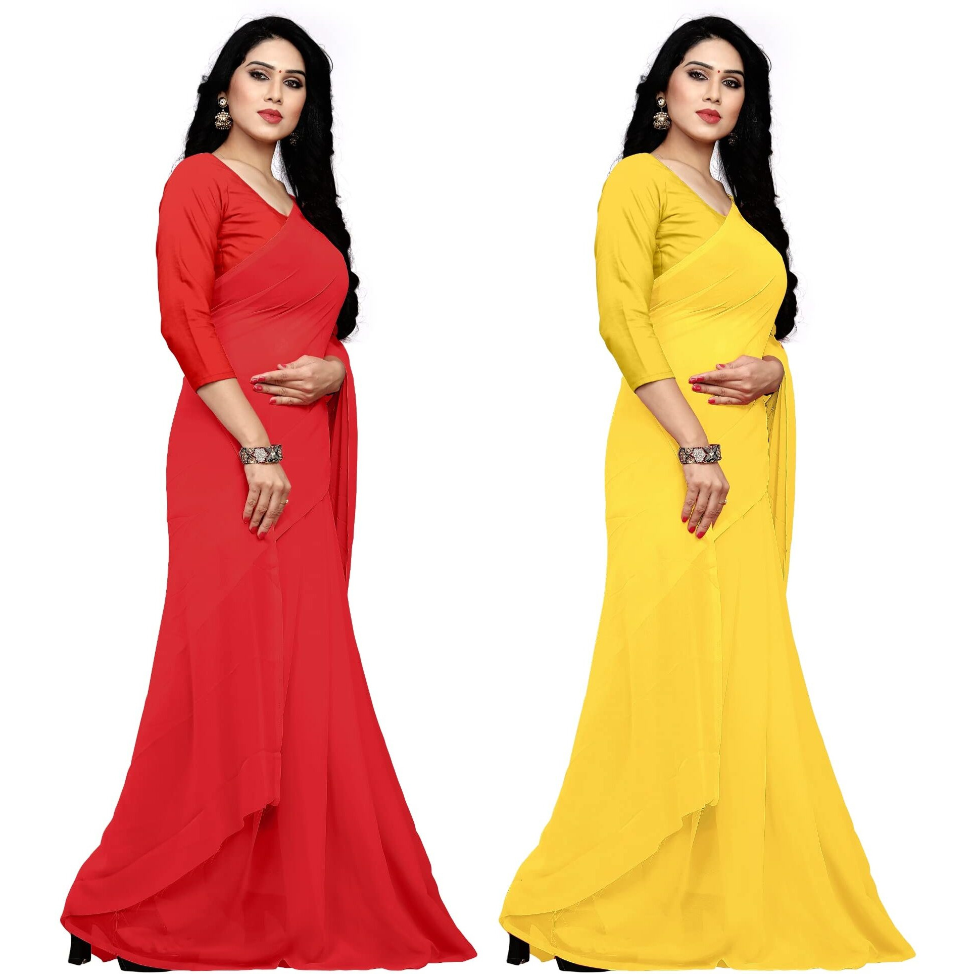 Sidhidata Textile Combo of 2 Womens plain Solid pure Georgette Saree With Unstitched Blouse Piece (Pack of Two) (Combo plain red-lemon yellow_Red & lemon yellow_Free Size)