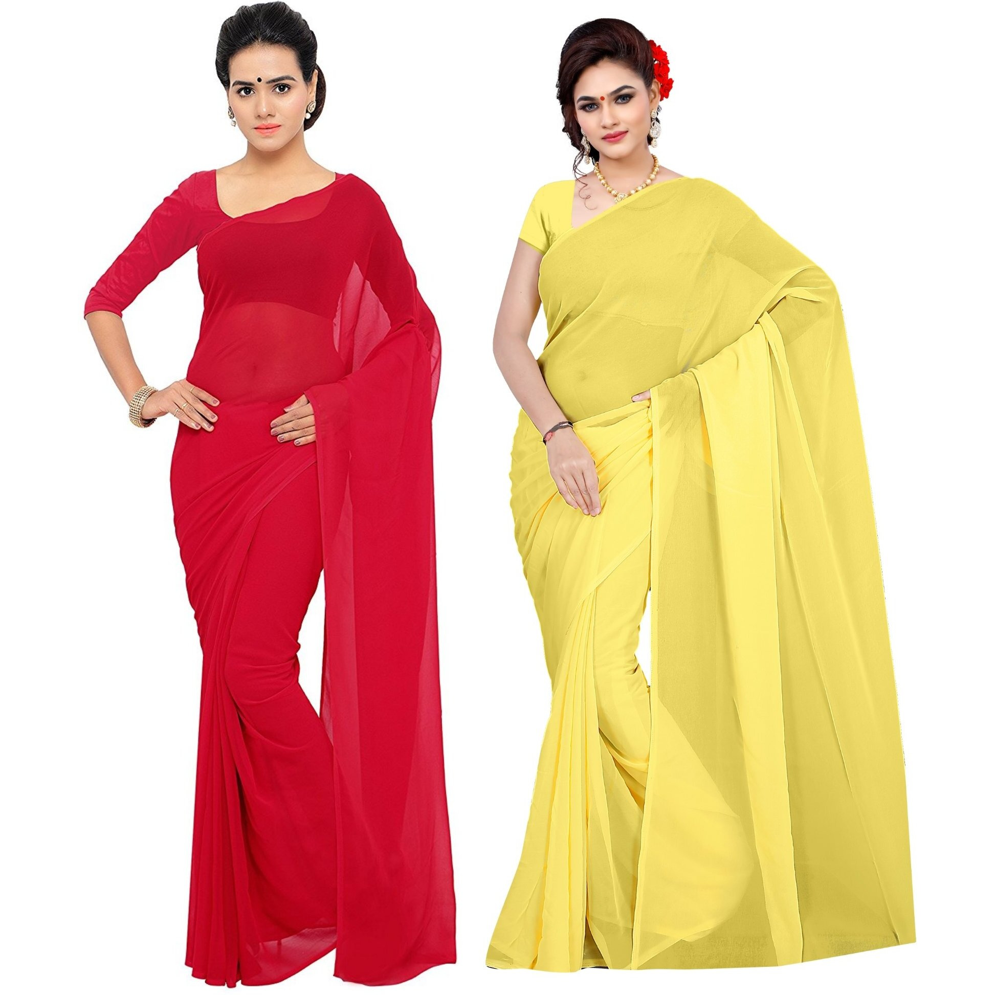 Sidhidata Textile Combo of 2 Womens plain Solid pure Georgette Saree With Unstitched Blouse Piece (Pack of Two) (Combo plain red-lemon yellow_Red & lemon yellow_Free Size)