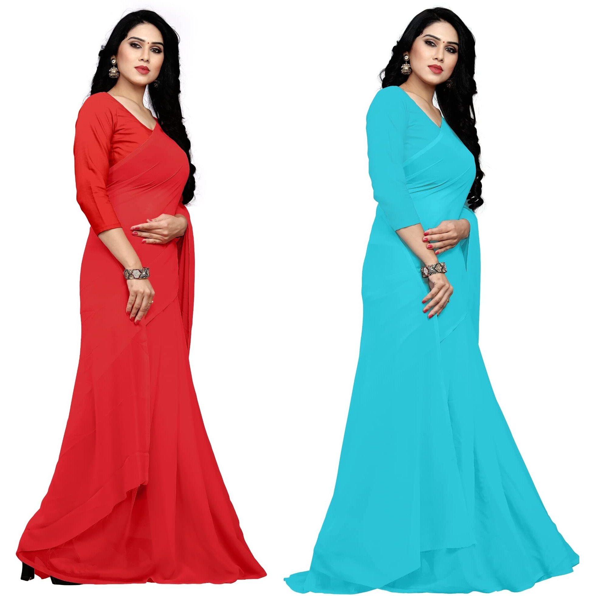 Sidhidata Textile Combo of 2 Womens plain Solid pure Georgette Saree With Unstitched Blouse Piece (Pack of Two) (Combo plain red-firozi 719_Red & firozi Sky Blue_Free Size)