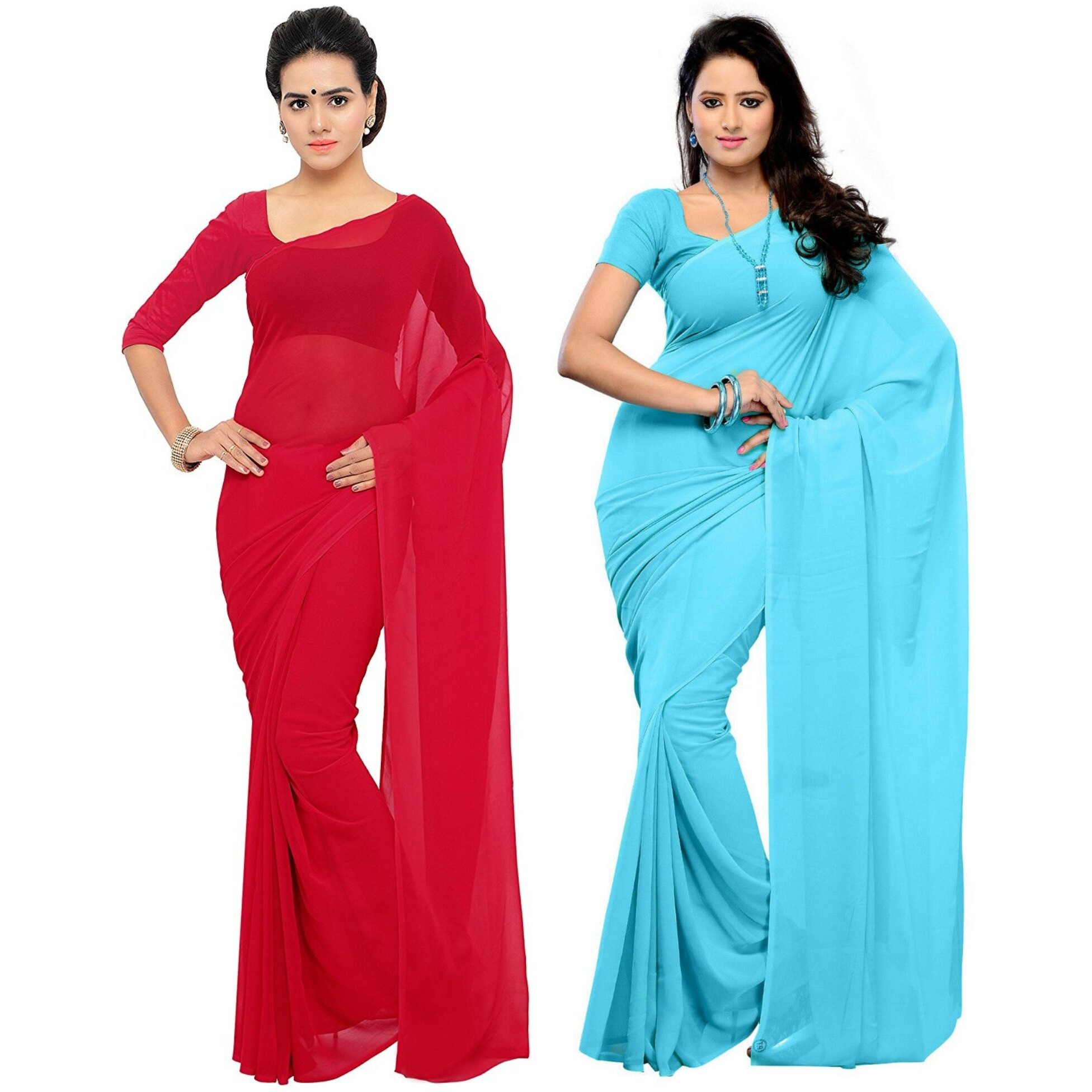 Sidhidata Textile Combo of 2 Womens plain Solid pure Georgette Saree With Unstitched Blouse Piece (Pack of Two) (Combo plain red-firozi 719_Red & firozi Sky Blue_Free Size)