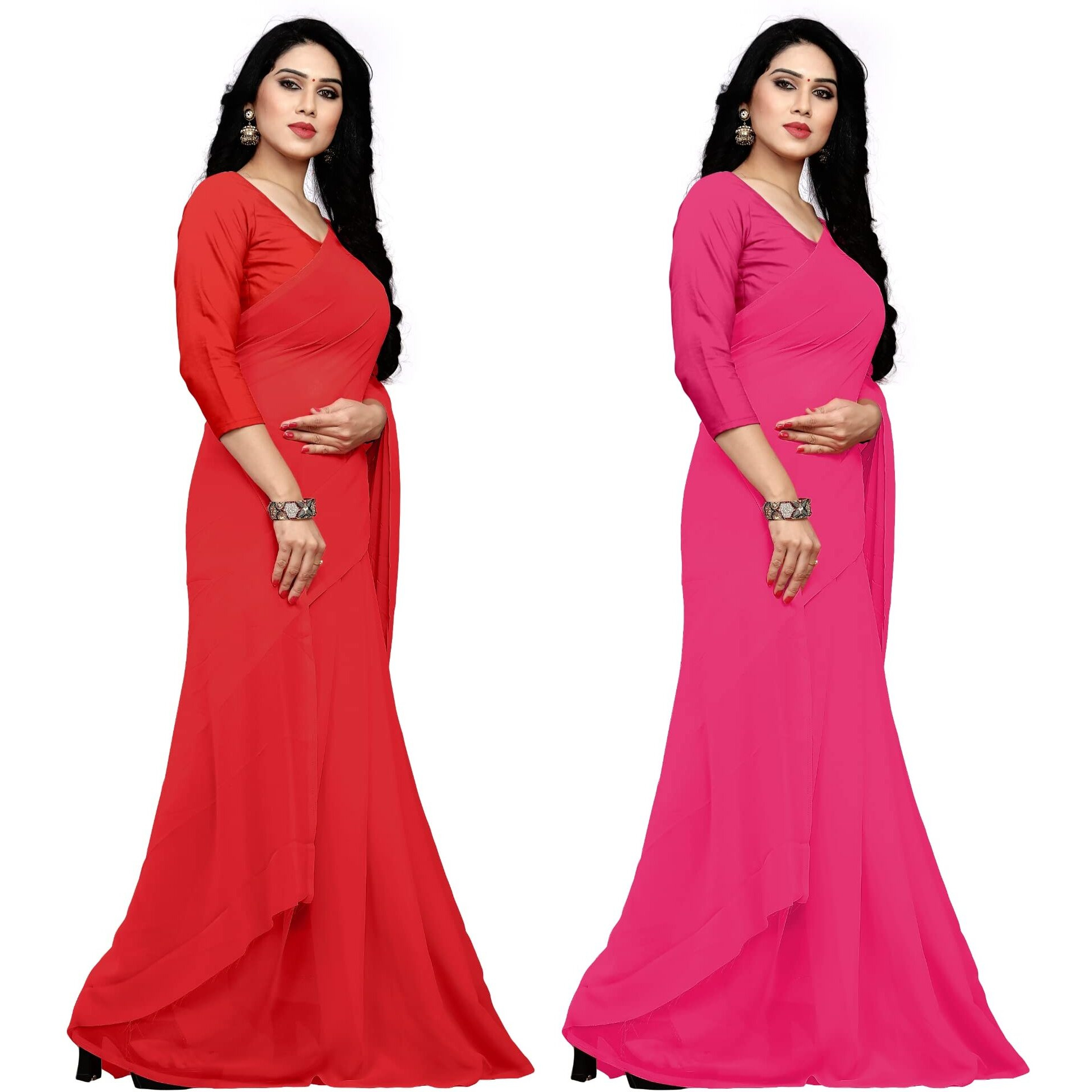 Sidhidata Textile Combo of 2 Womens plain Solid pure Georgette Saree With Unstitched Blouse Piece (Pack of Two) (Combo plain red-709_Red & Pink_Free Size)