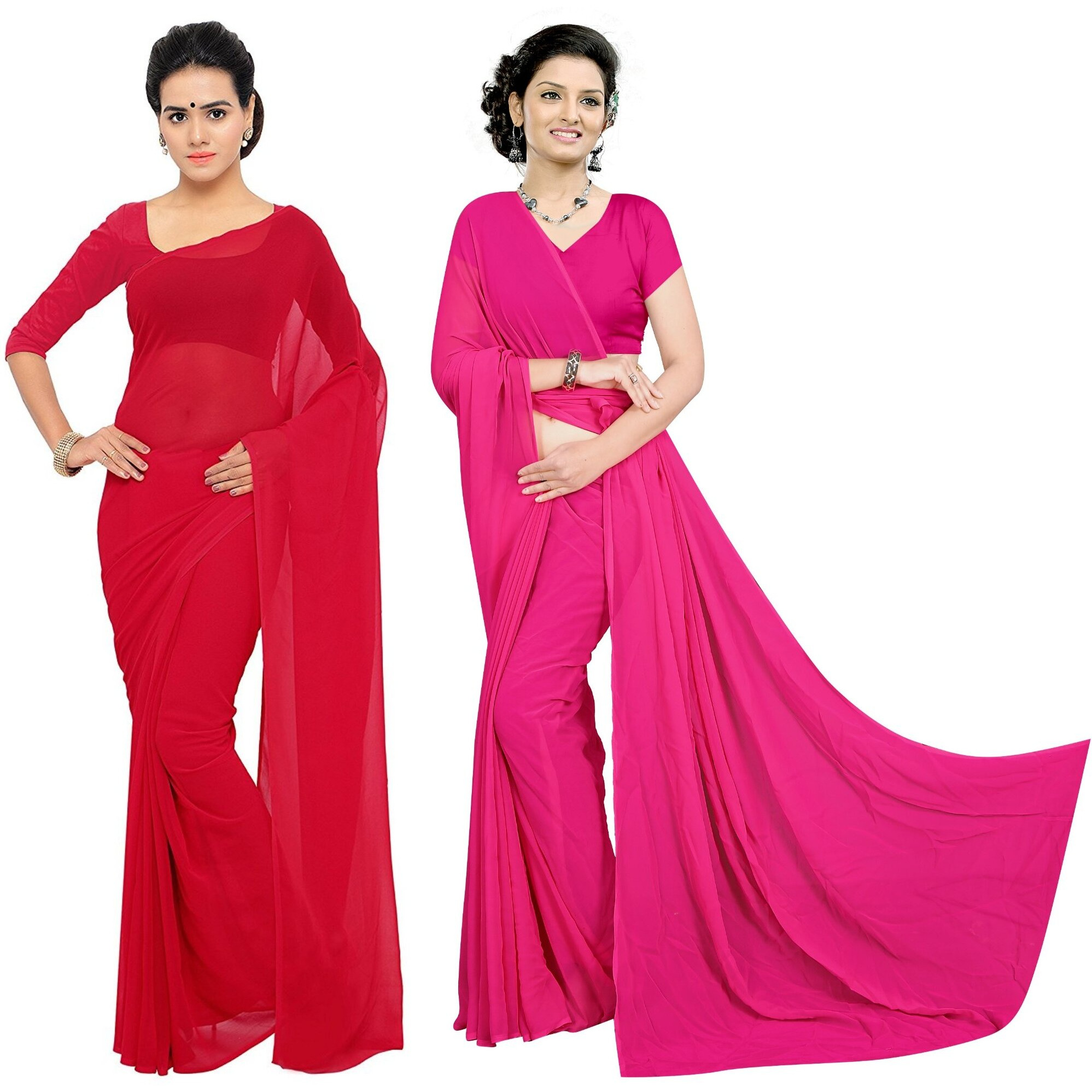 Sidhidata Textile Combo of 2 Womens plain Solid pure Georgette Saree With Unstitched Blouse Piece (Pack of Two) (Combo plain red-709_Red & Pink_Free Size)