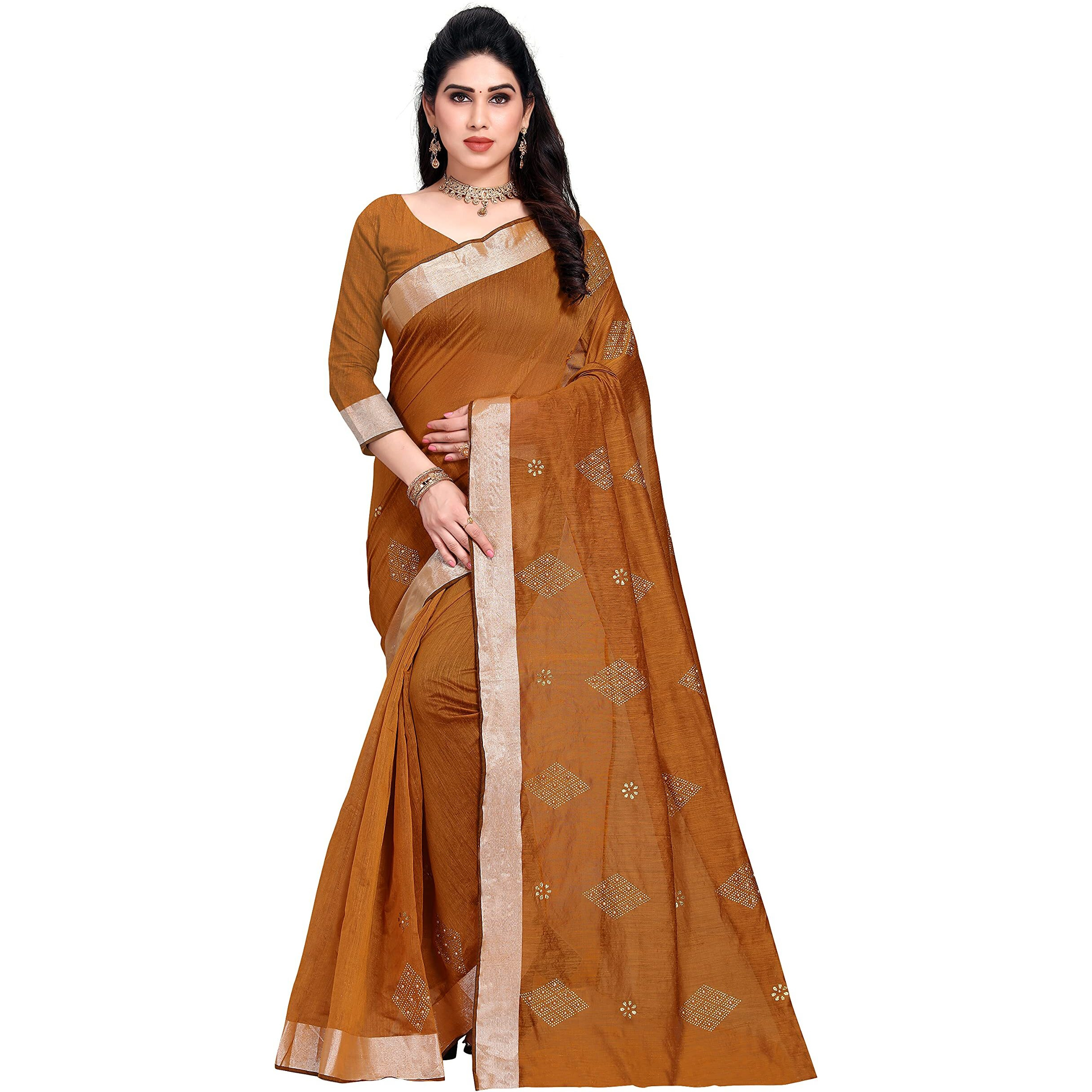 Sidhidata Textile Womens Cotton Silk HotFix Diamond Work Saree With Unstitched Blouse Piece (Z Dusty)