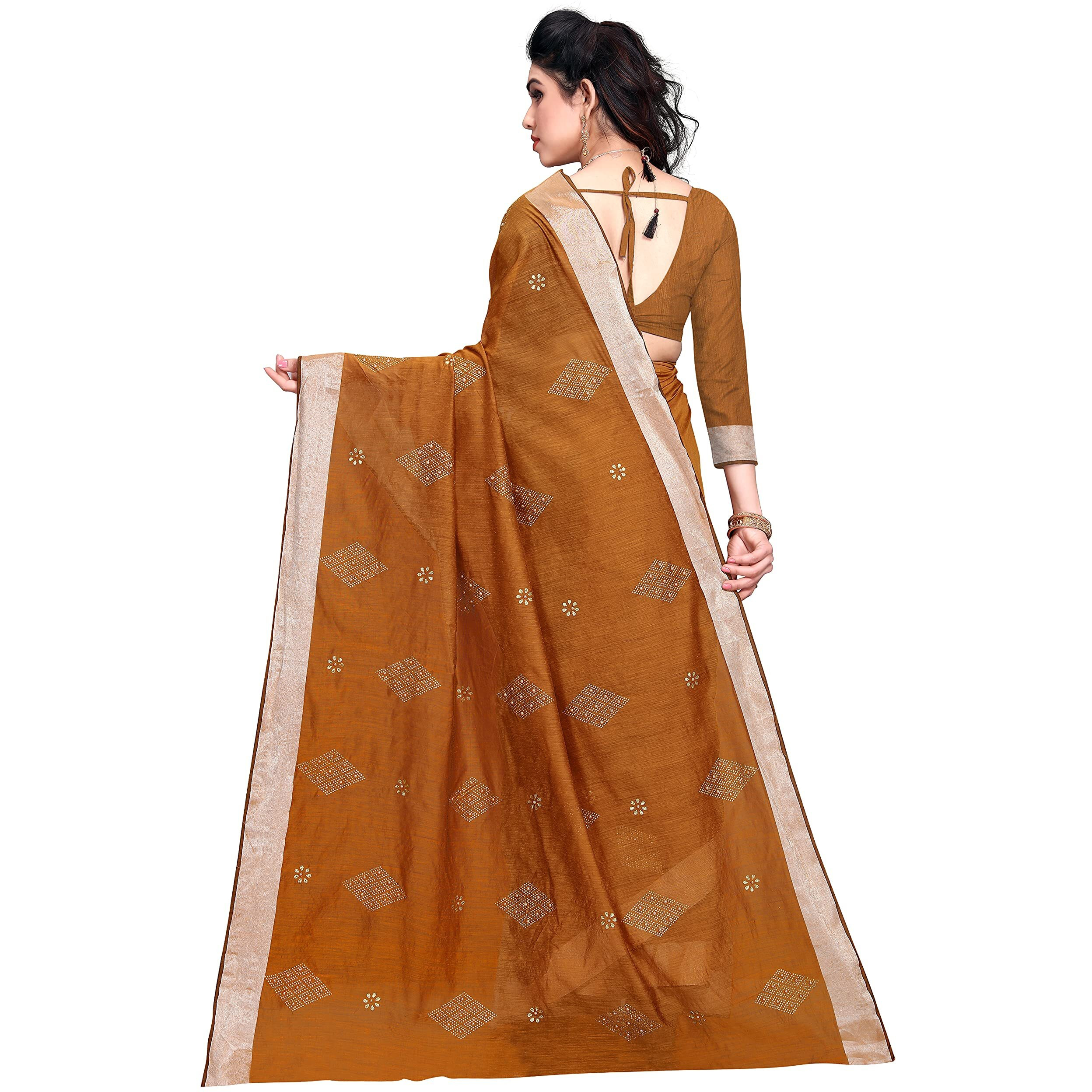 Sidhidata Textile Womens Cotton Silk HotFix Diamond Work Saree With Unstitched Blouse Piece (Z Dusty)