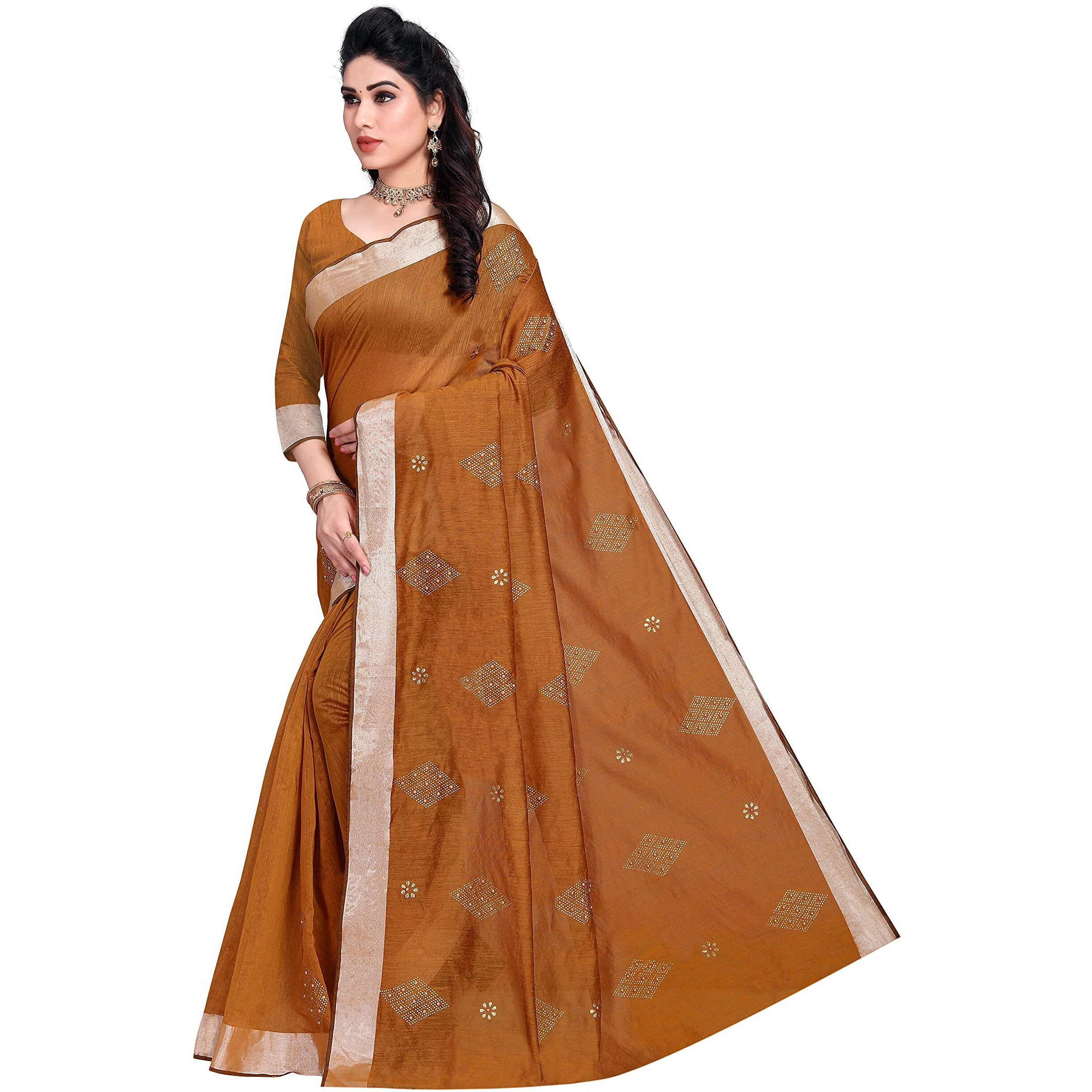 Sidhidata Textile Womens Cotton Silk HotFix Diamond Work Saree With Unstitched Blouse Piece (Z Dusty)