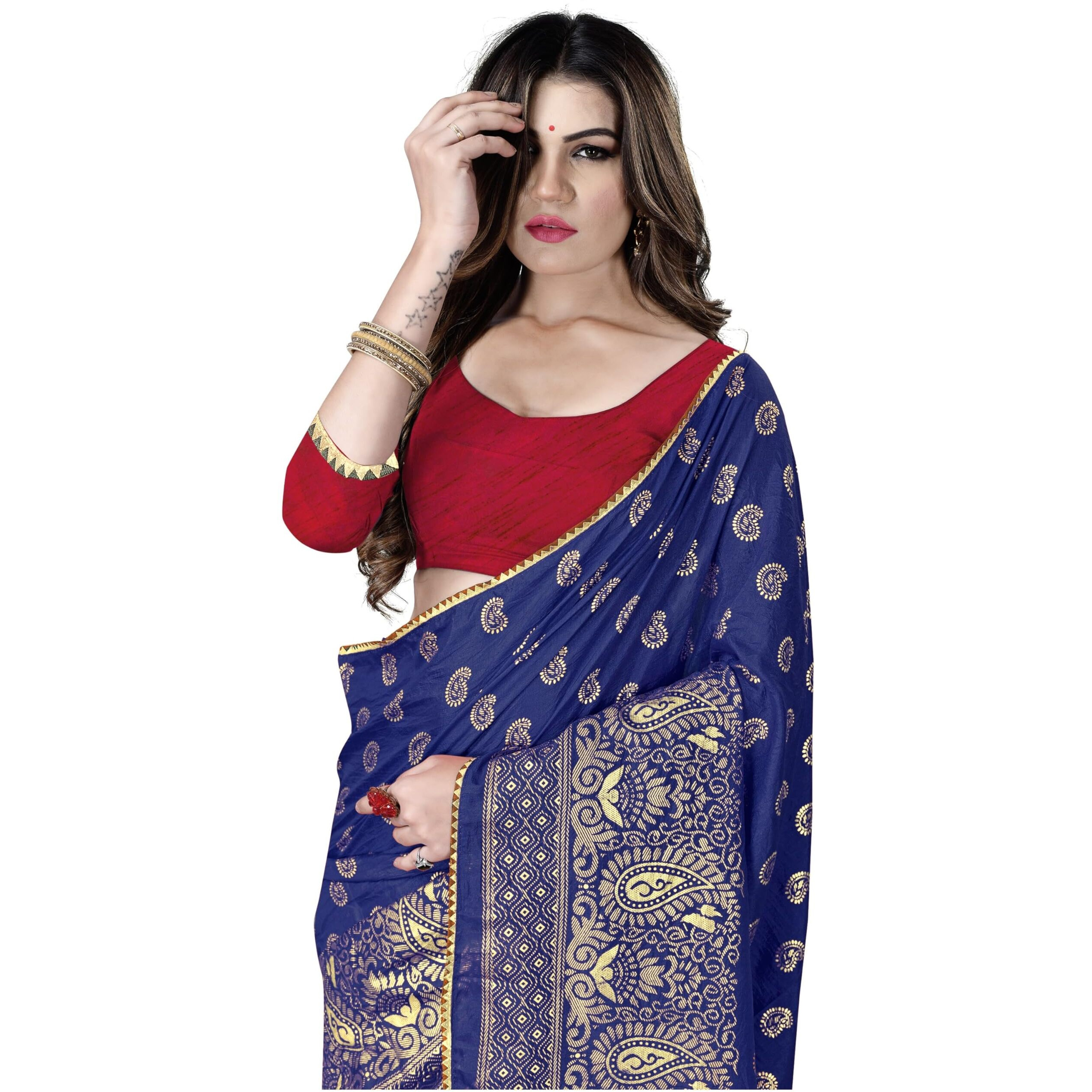 Sidhidata Textile Womens Dola Silk Foil Printed Saree With Unstitched Blouse Piece (Rasmalai Navy_Navy_Free Size)