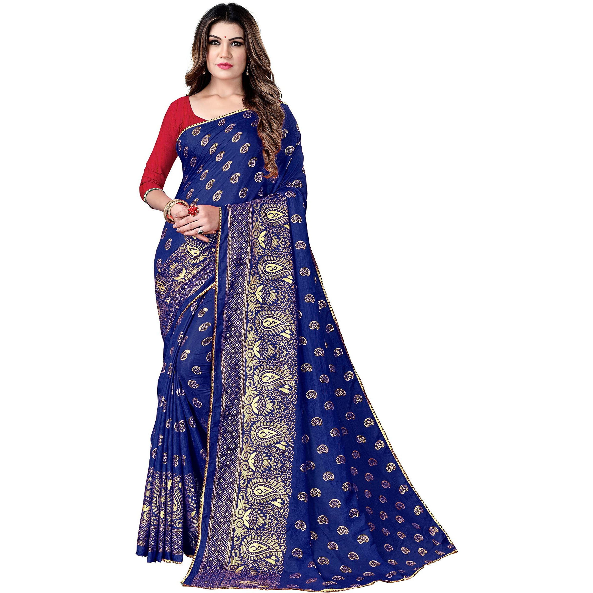 Sidhidata Textile Womens Dola Silk Foil Printed Saree With Unstitched Blouse Piece (Rasmalai Navy_Navy_Free Size)