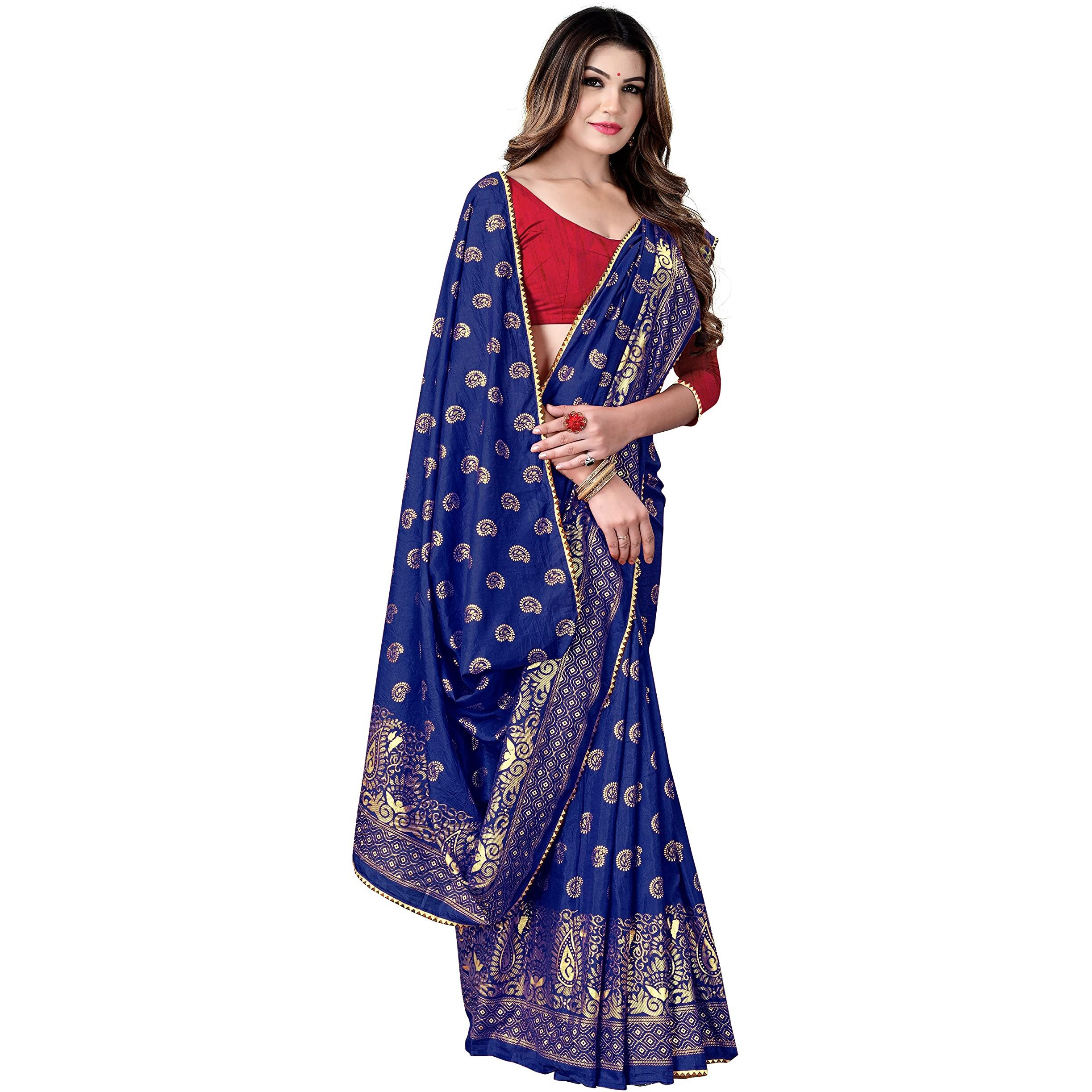 Sidhidata Textile Womens Dola Silk Foil Printed Saree With Unstitched Blouse Piece (Rasmalai Navy_Navy_Free Size)