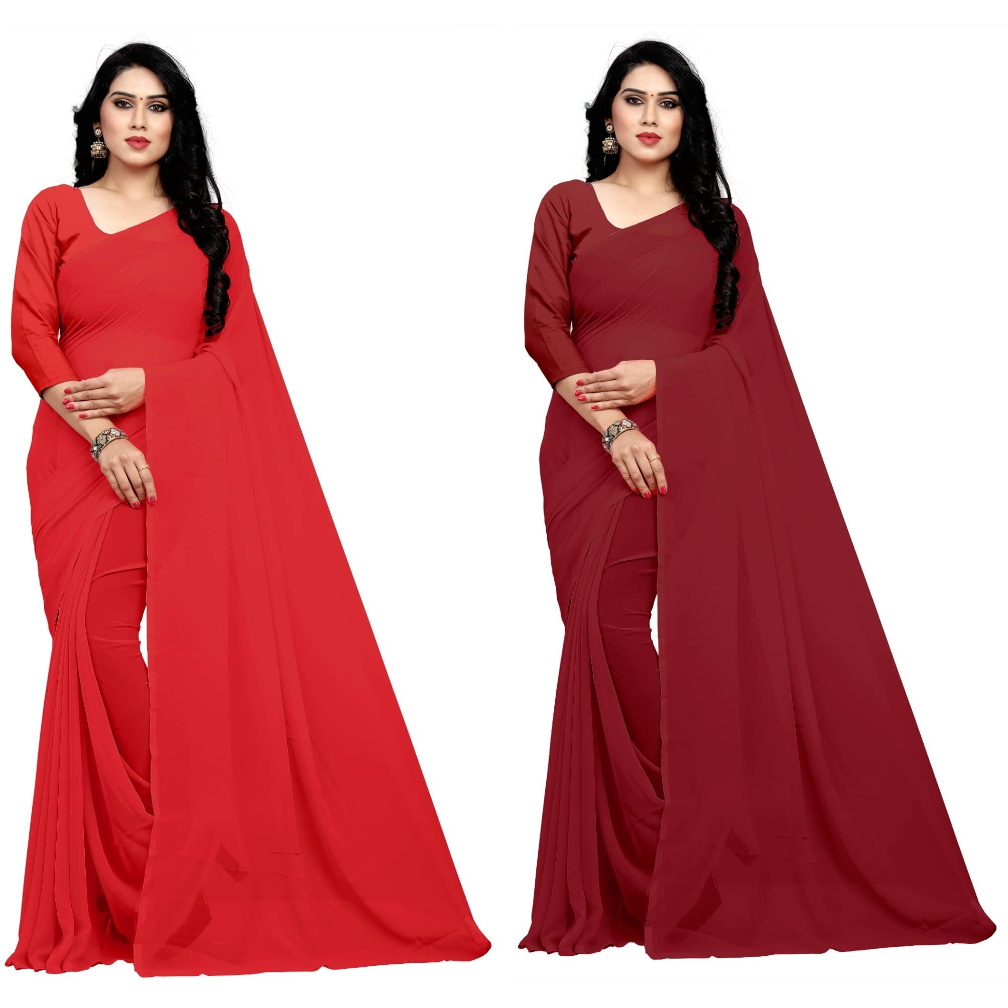 Sidhidata Textile Combo of 2 Womens plain Solid pure Georgette Saree With Unstitched Blouse Piece (Pack of Two) (Combo plain red-maroon_Red & maroon_Free Size)